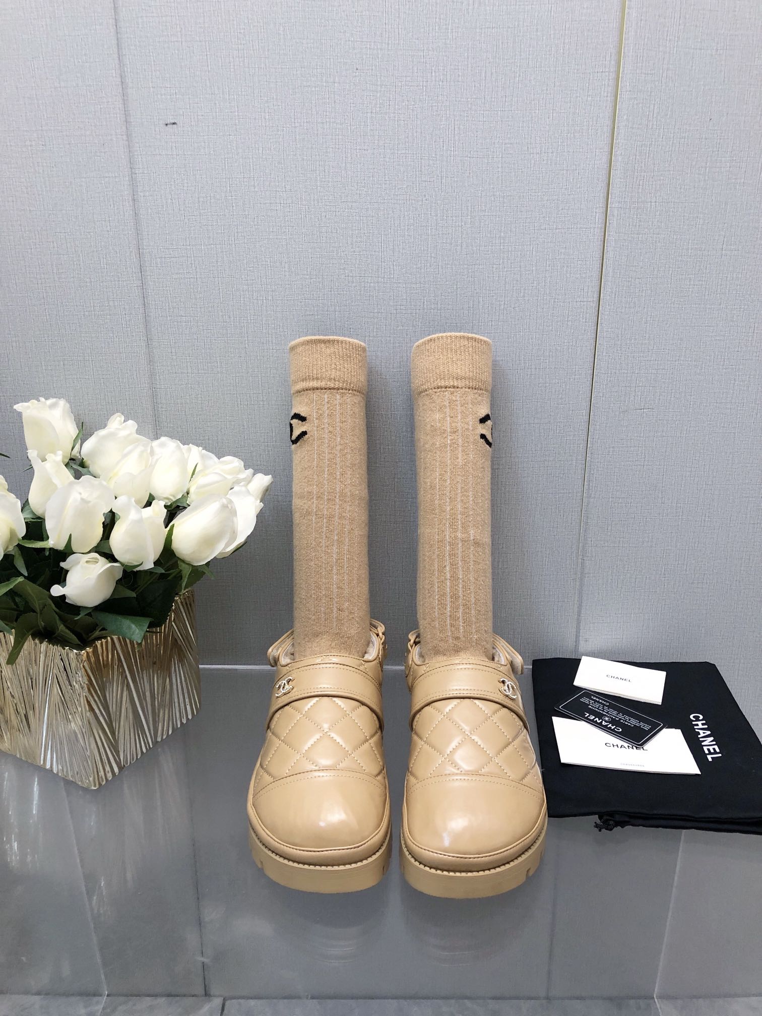 CHANEL CHUNKY PLATFORM SHEARLING SLIPPER BEIGE CREAM LAMBSKIN