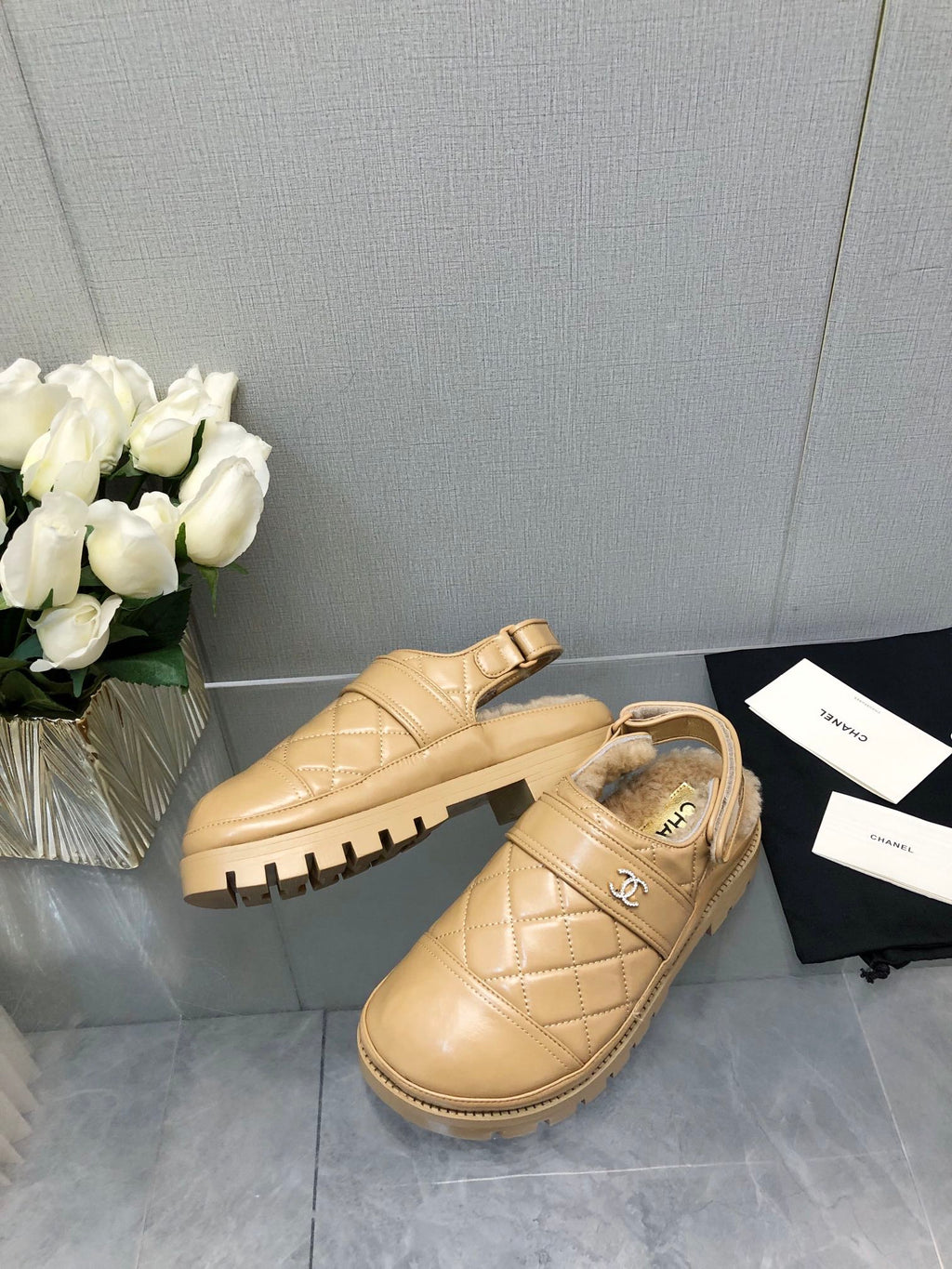 CHANEL CHUNKY PLATFORM SHEARLING SLIPPER BEIGE CREAM LAMBSKIN