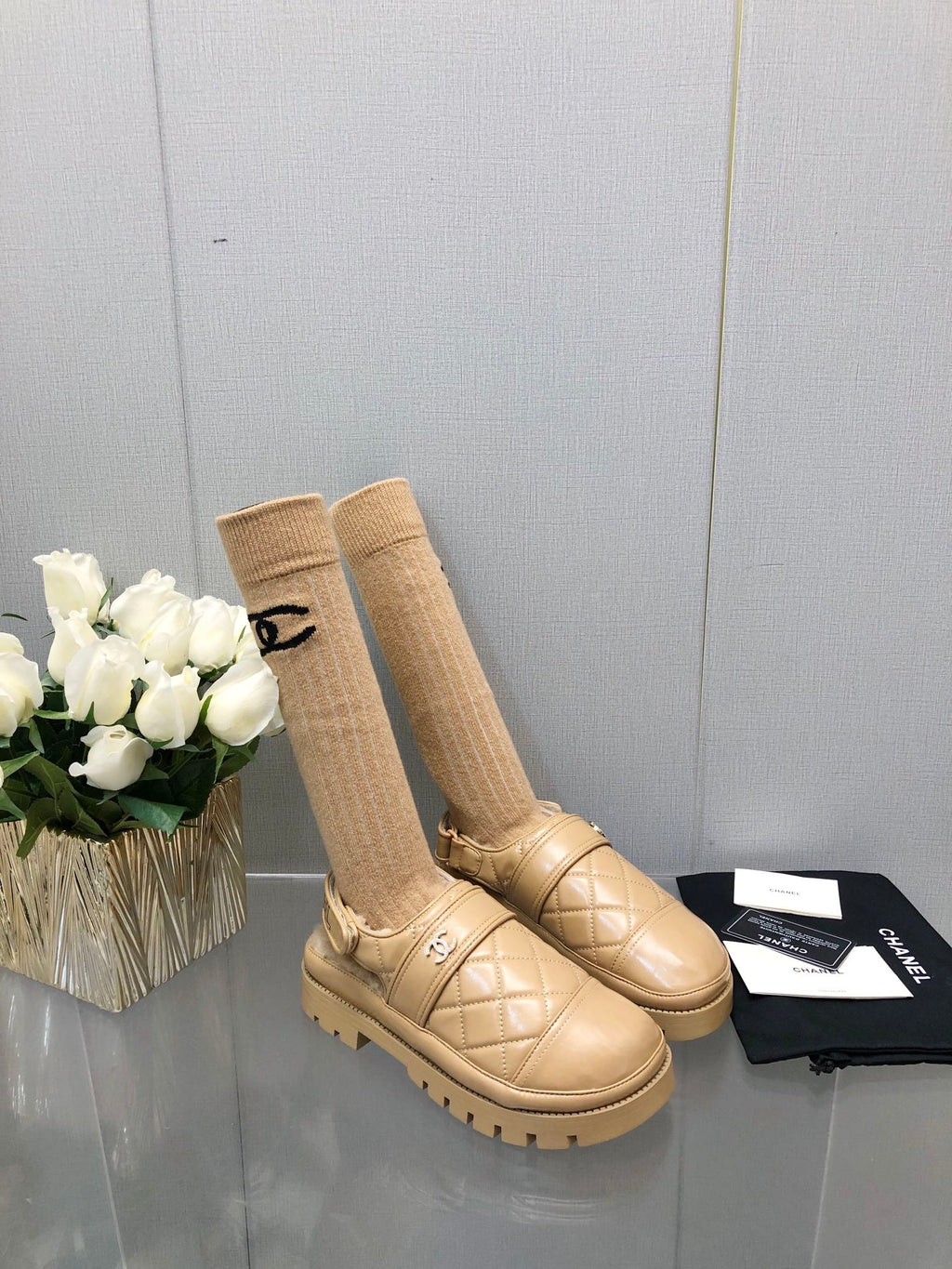 CHANEL CHUNKY PLATFORM SHEARLING SLIPPER BEIGE CREAM LAMBSKIN