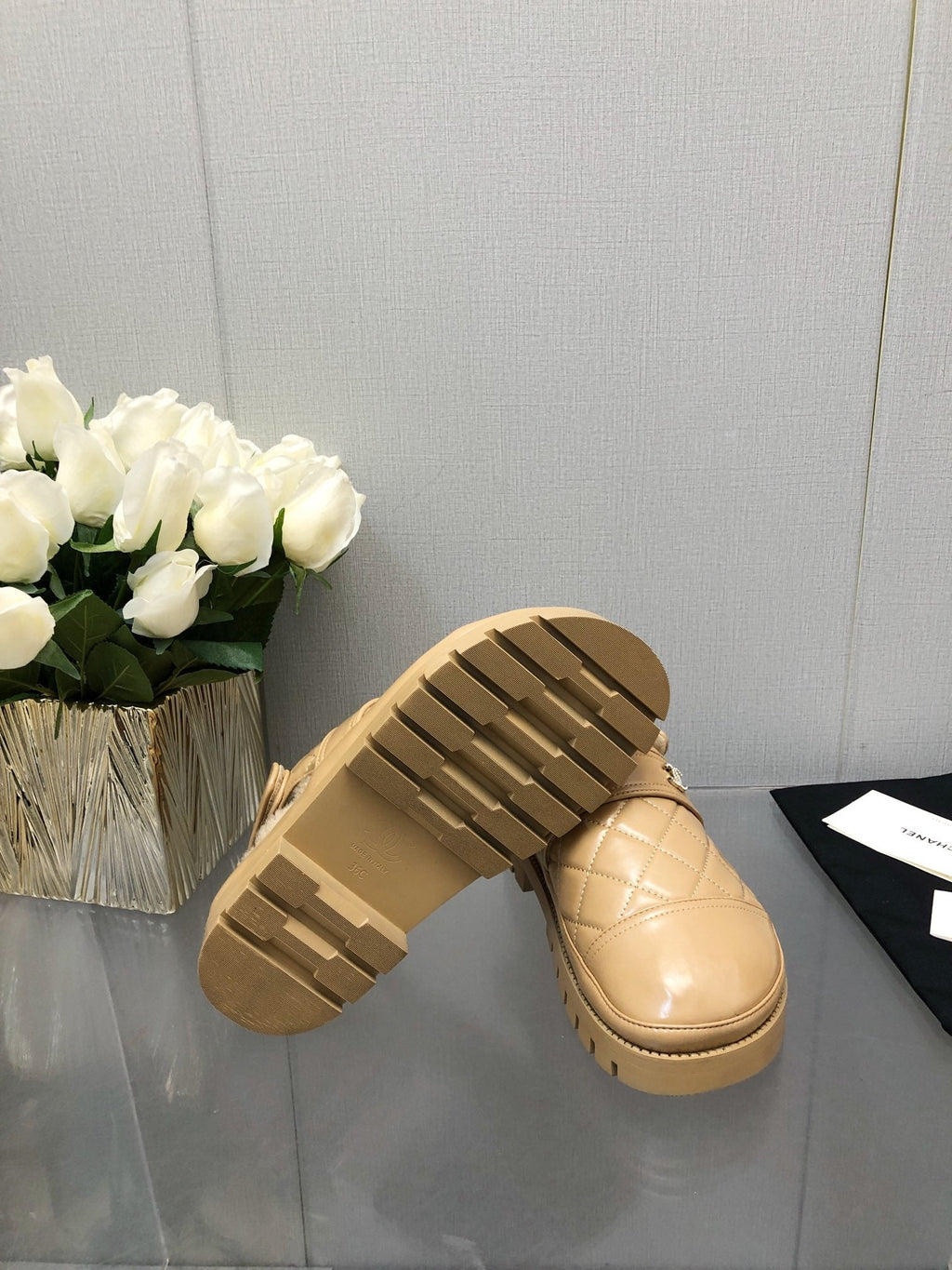 CHANEL CHUNKY PLATFORM SHEARLING SLIPPER BEIGE CREAM LAMBSKIN