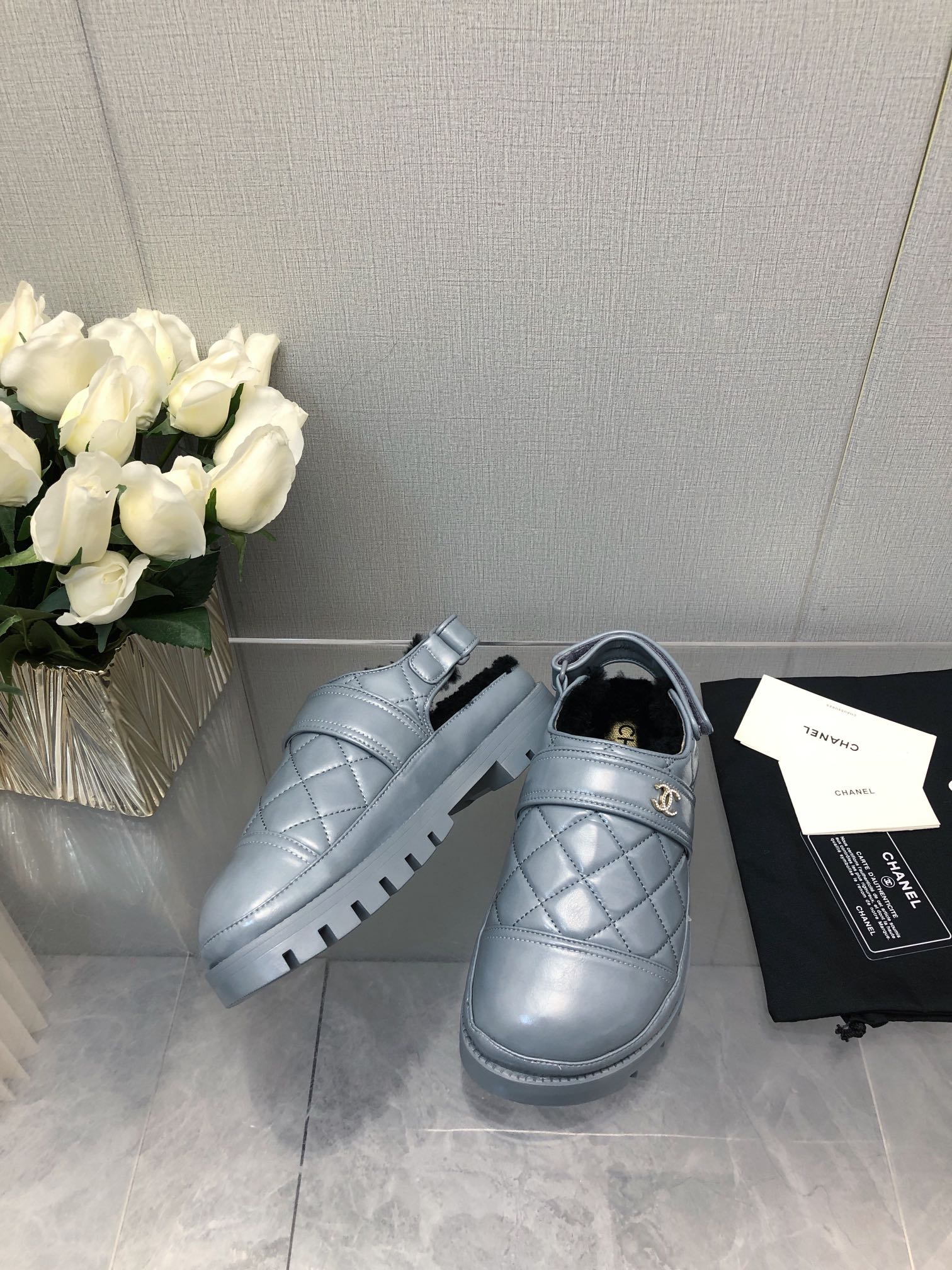 CHANEL CHUNKY PLATFORM SHEARLING SLIPPER SAPHIRE BLUE LAMBSKIN
