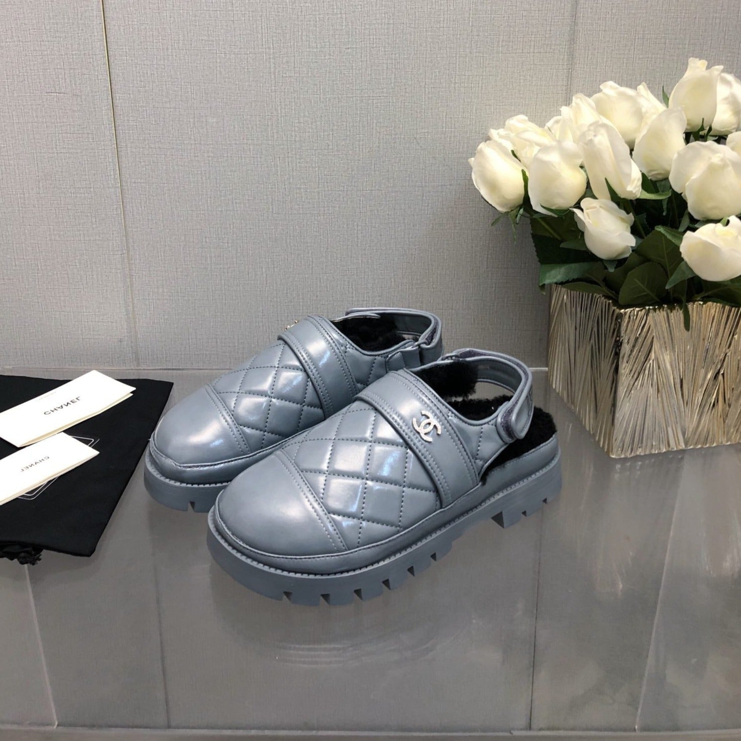 CHANEL CHUNKY PLATFORM SHEARLING SLIPPER SAPHIRE BLUE LAMBSKIN