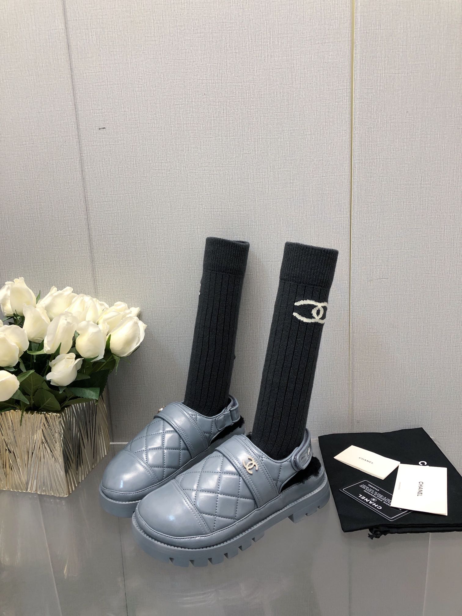CHANEL CHUNKY PLATFORM SHEARLING SLIPPER SAPHIRE BLUE LAMBSKIN