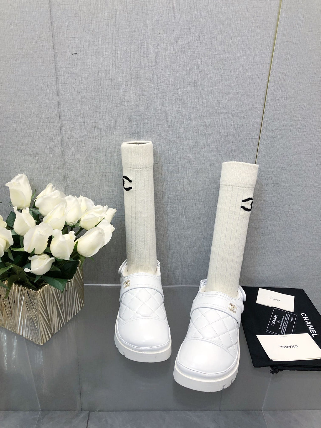 CHANEL CHUNKY PLATFORM SHEARLING SLIPPER WHITE LAMBSKIN
