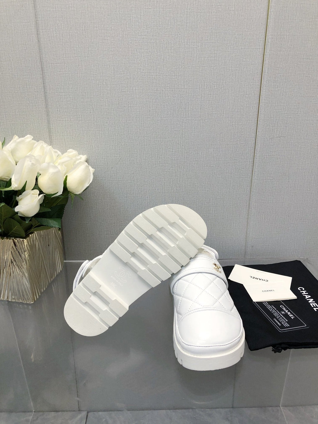 CHANEL CHUNKY PLATFORM SHEARLING SLIPPER WHITE LAMBSKIN