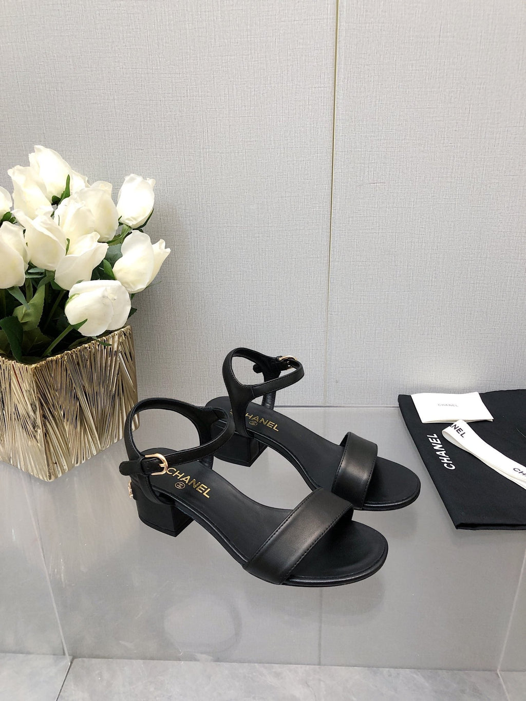 CHANEL BLOCK HEEL 5 CM SANDAL IN BLACK LAMBSKIN