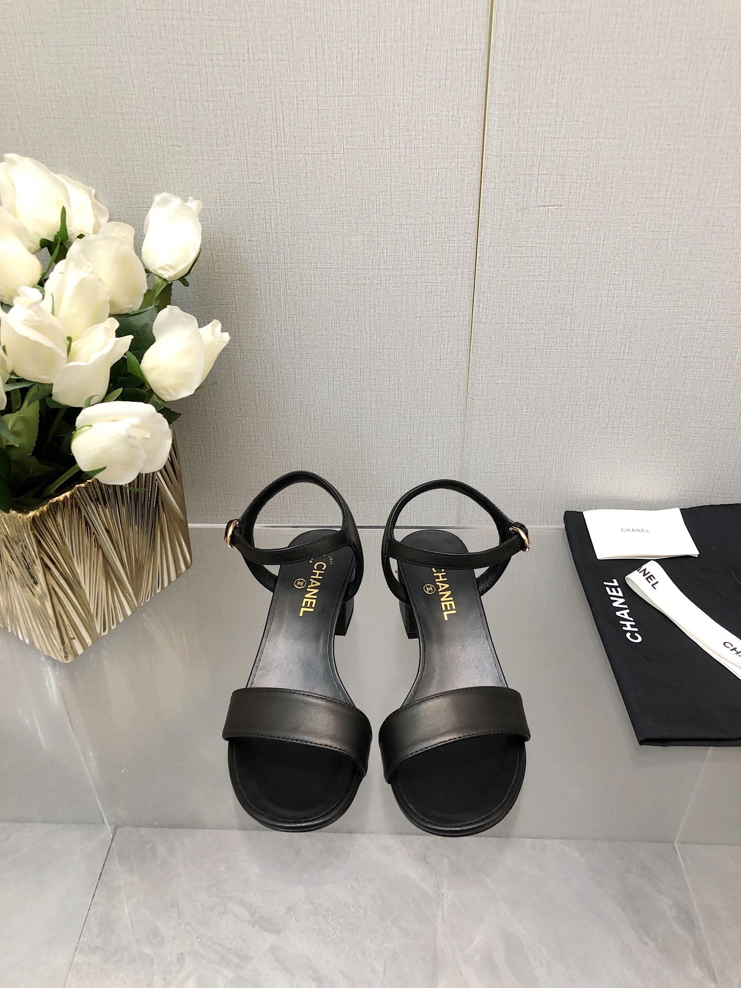 CHANEL BLOCK HEEL 5 CM SANDAL IN BLACK LAMBSKIN