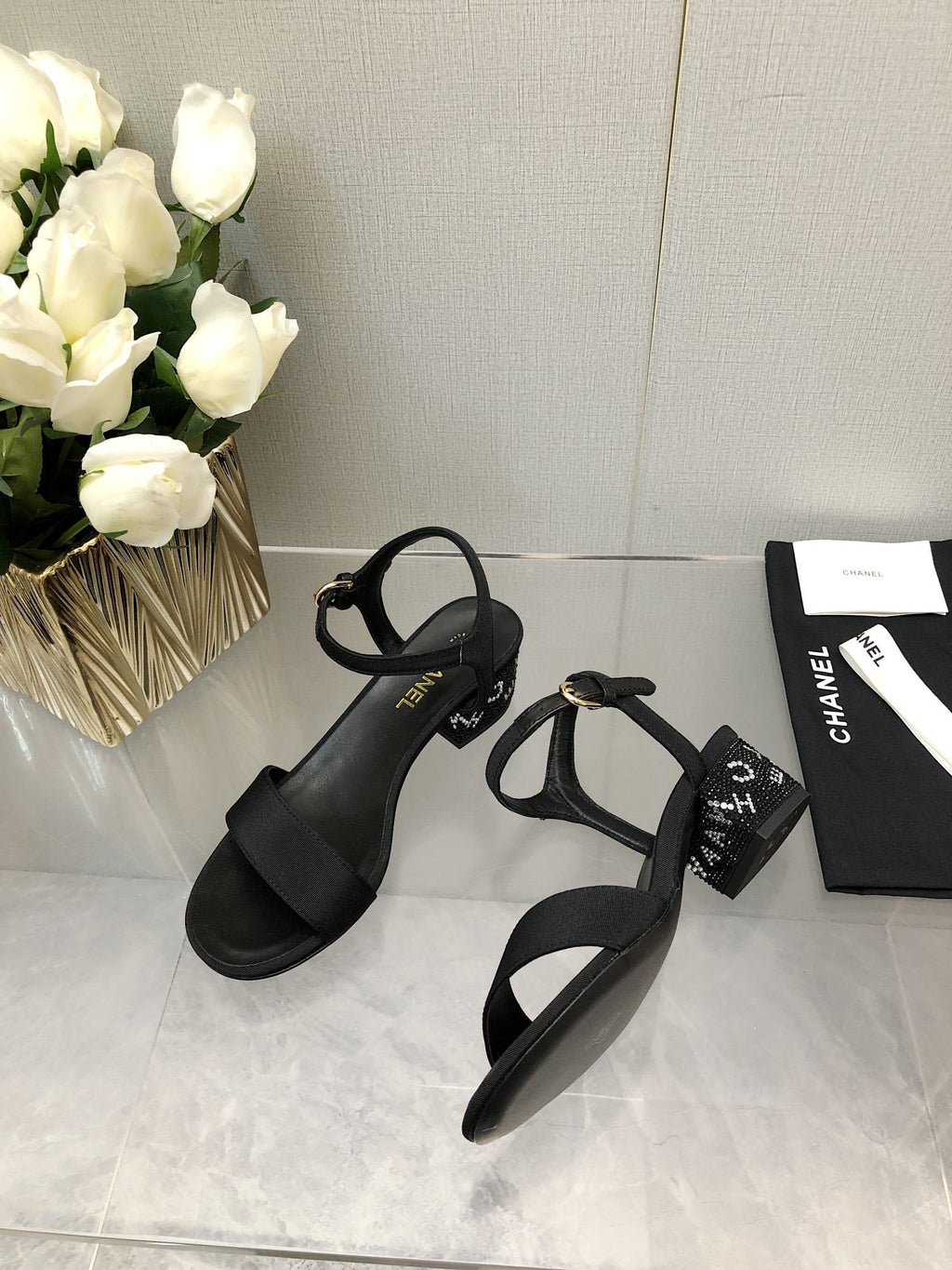 CHANEL BLOCK HEEL WITH CRYSTAL 5 CM SANDAL IN BLACK FABRIC