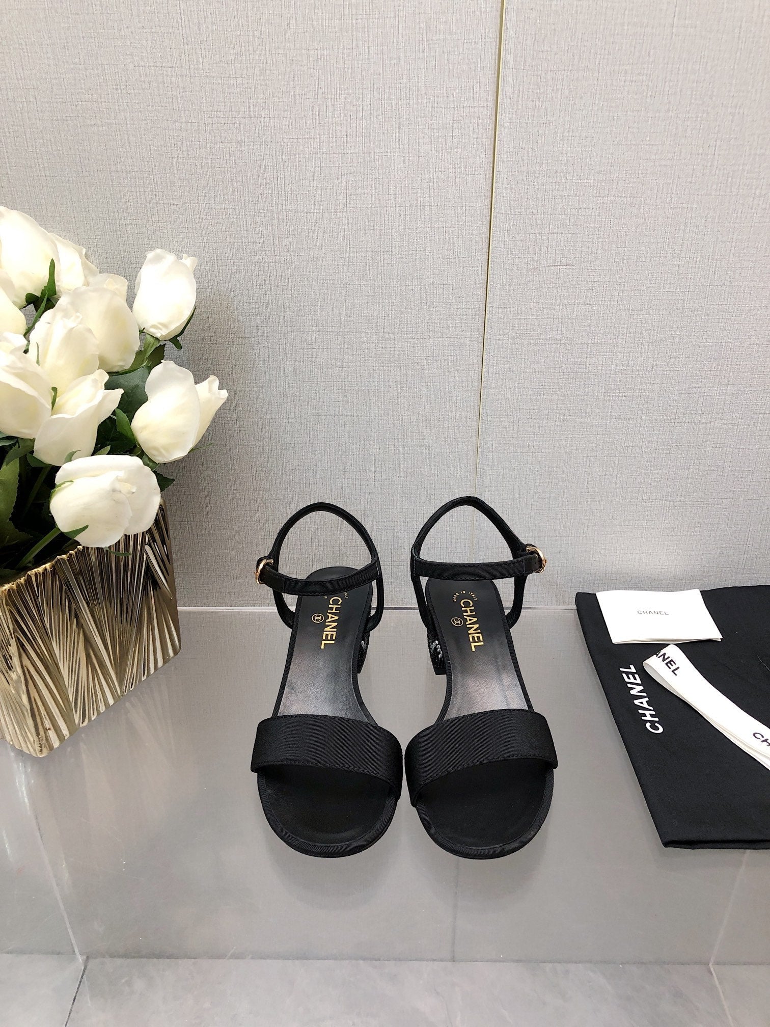 CHANEL BLOCK HEEL WITH CRYSTAL 5 CM SANDAL IN BLACK FABRIC