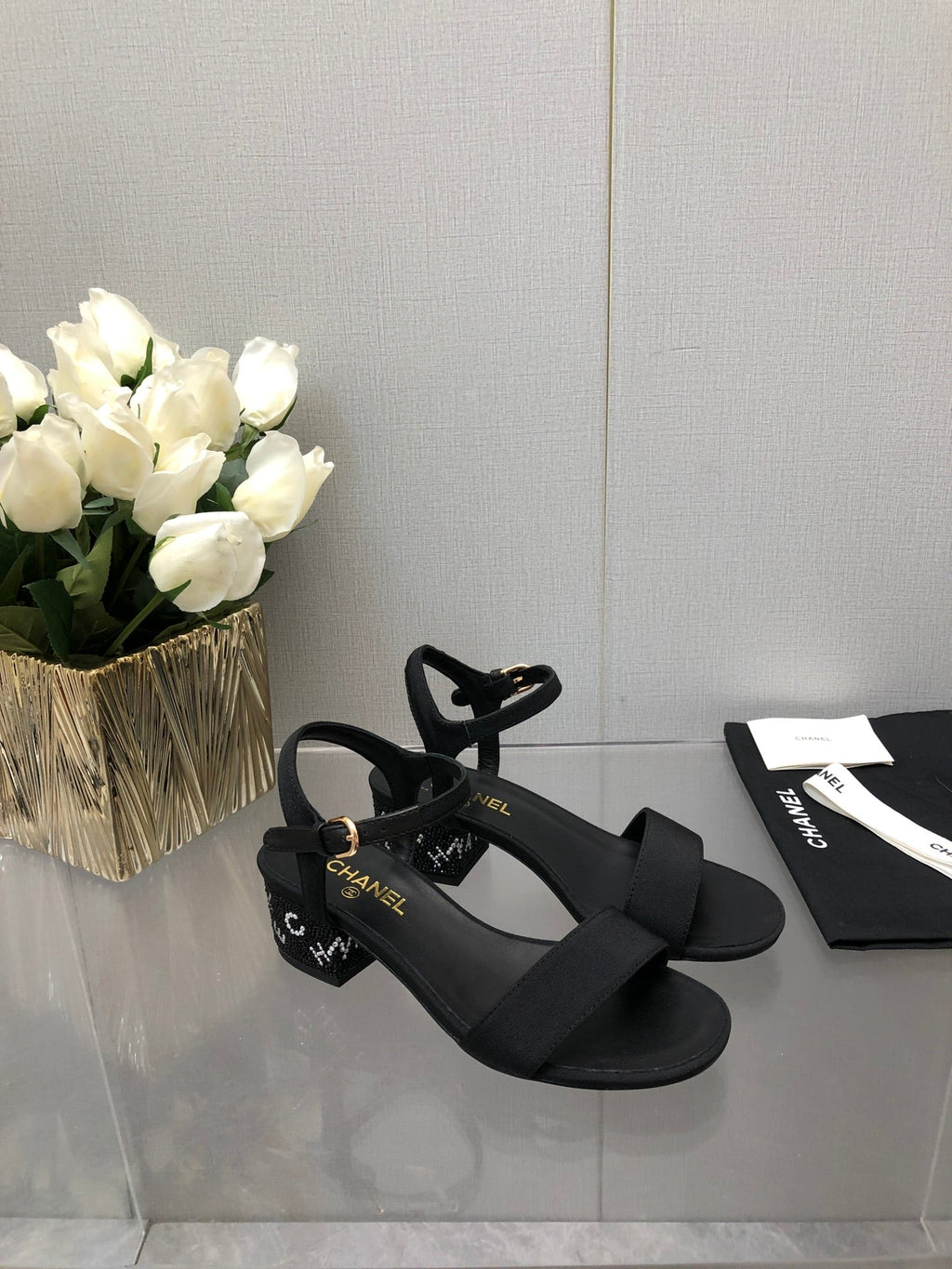 CHANEL BLOCK HEEL WITH CRYSTAL 5 CM SANDAL IN BLACK FABRIC