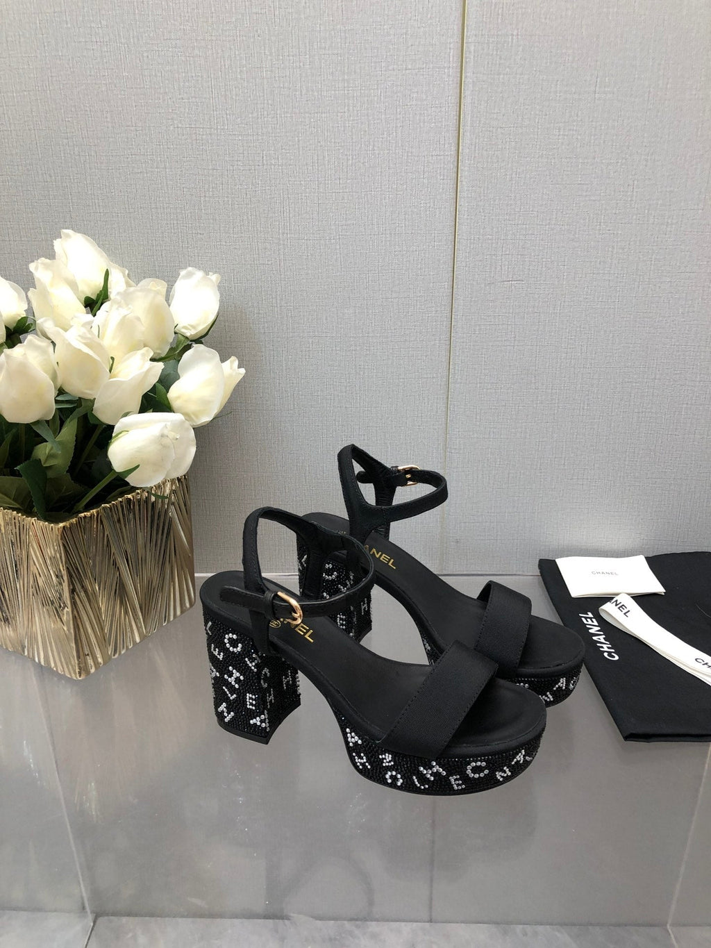 CHANEL BLOCK HEEL WITH CRYSTAL 9 CM SANDAL IN BLACK FABRIC