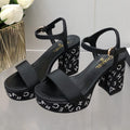 CHANEL BLOCK HEEL WITH CRYSTAL 9 CM SANDAL IN BLACK FABRIC