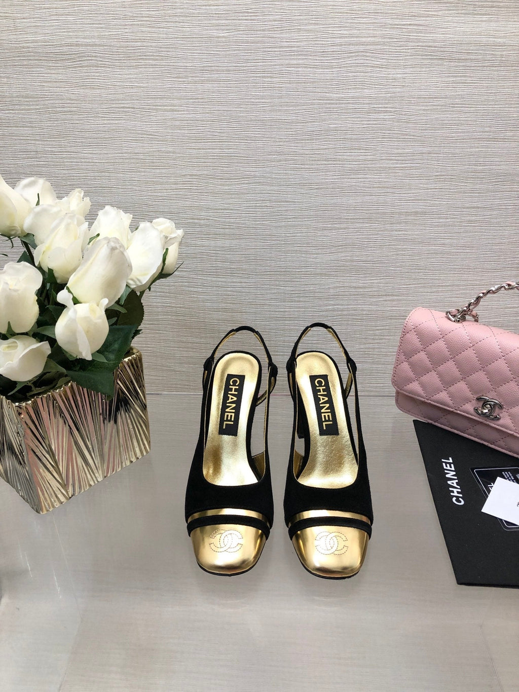 CHANEL HIGH SLINGBACKS IN BLACK SUEDE AND GOLDEN LAMBSKIN