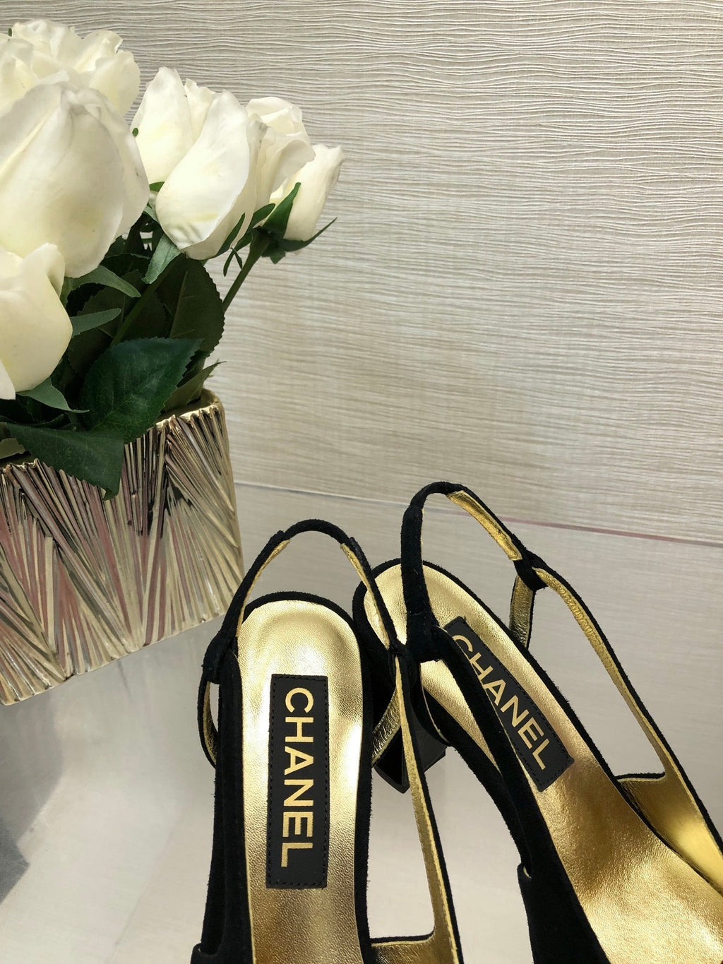 CHANEL HIGH SLINGBACKS IN BLACK SUEDE AND GOLDEN LAMBSKIN