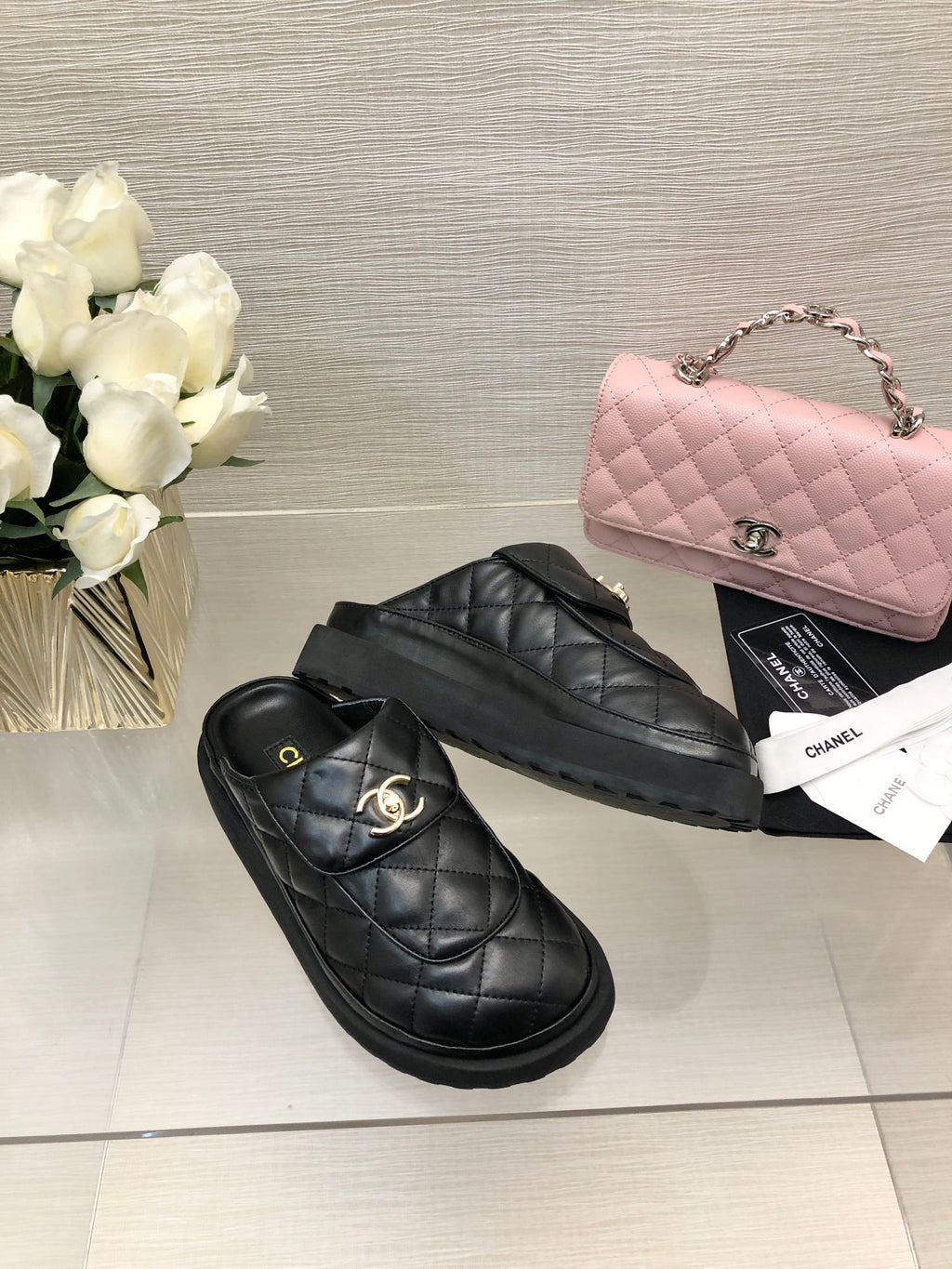 CHANEL TURNLOCK FLAP MULES BLACK LAMBSKIN