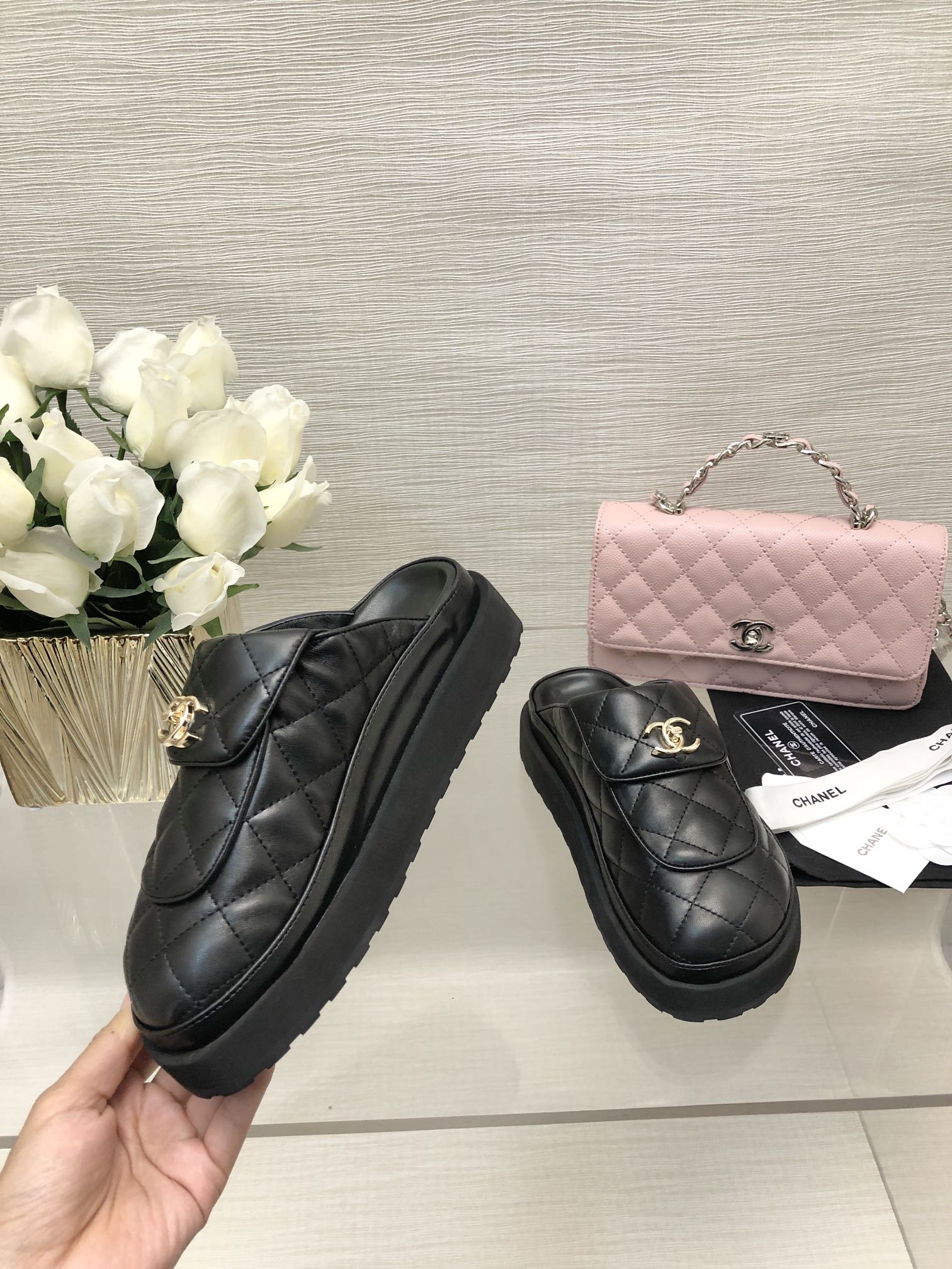 CHANEL TURNLOCK FLAP MULES BLACK LAMBSKIN