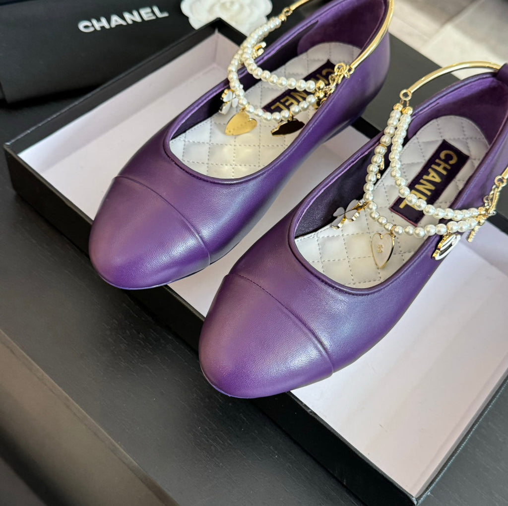 CHANEL Double Strap Chunky Heel Mary Jane Shoes Violet Purple