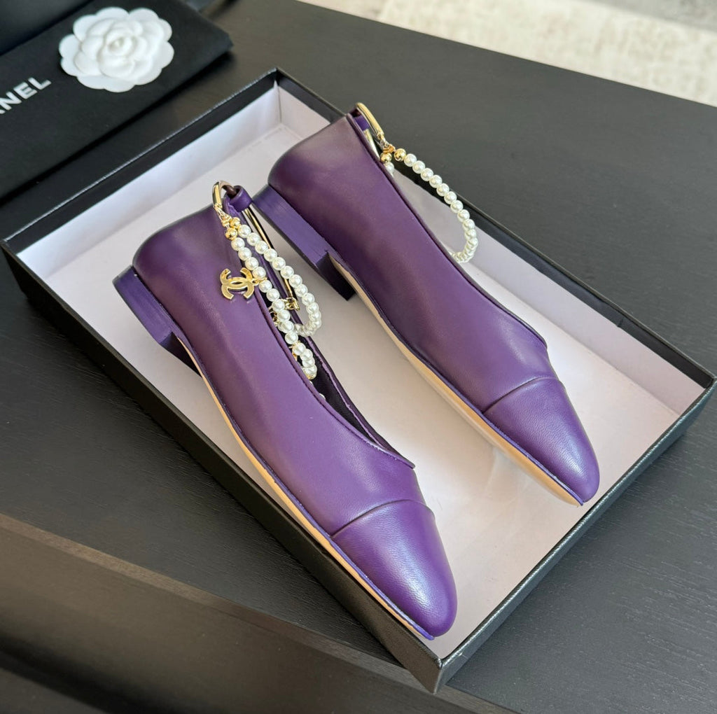 CHANEL Double Strap Chunky Heel Mary Jane Shoes Violet Purple
