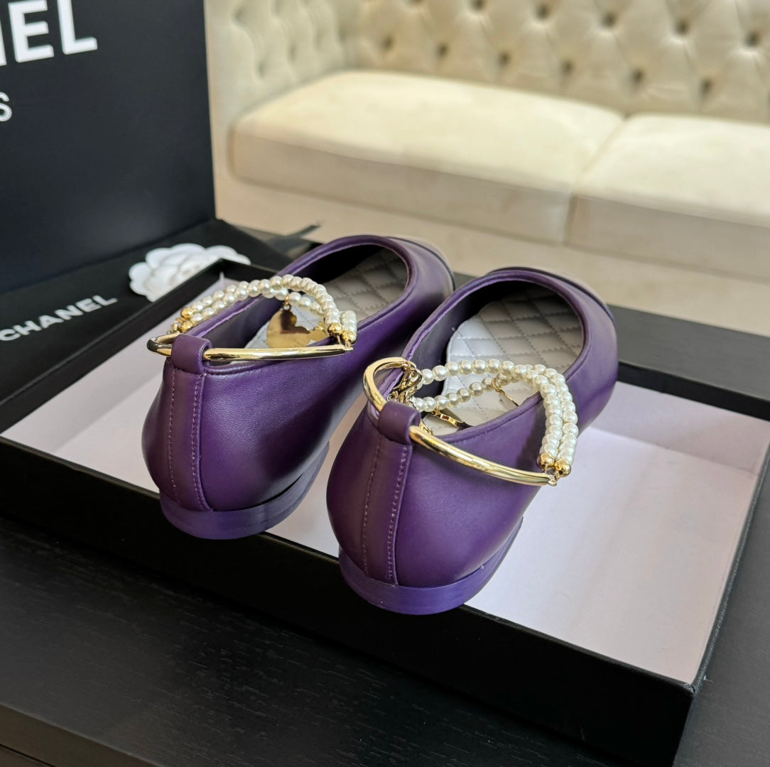 CHANEL Double Strap Chunky Heel Mary Jane Shoes Violet Purple