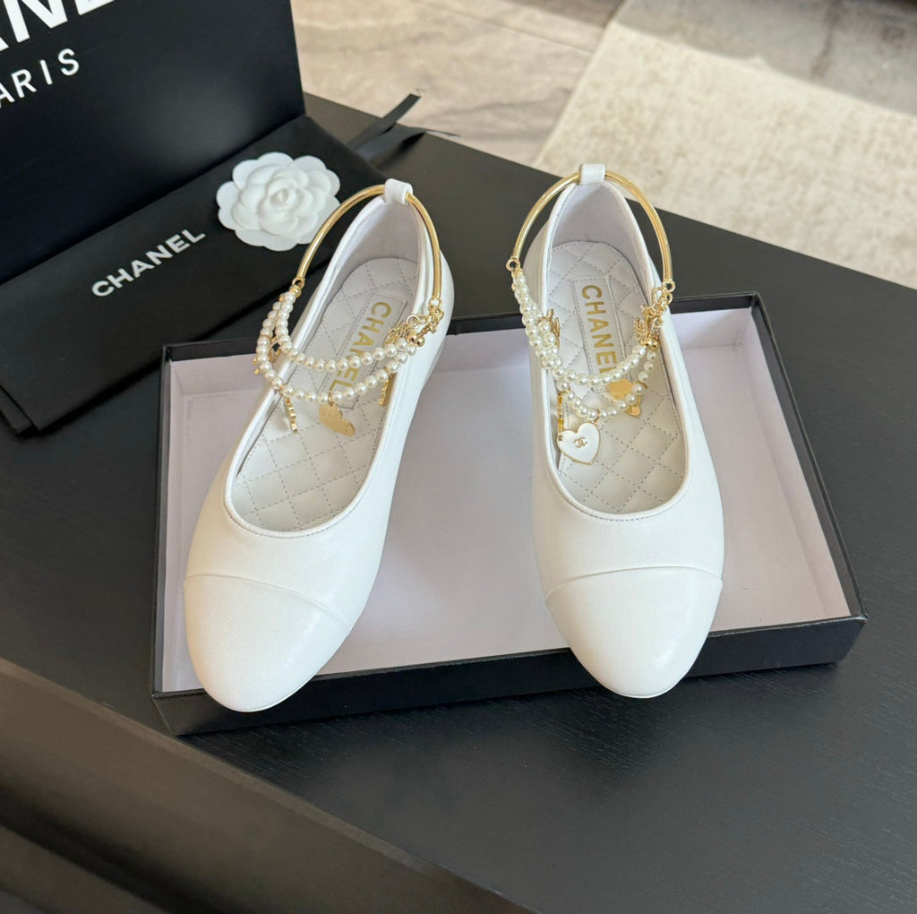 CHANEL Double Strap Chunky Heel Mary Jane Shoes White
