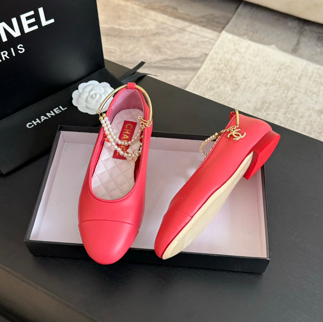 CHANEL Double Strap Chunky Heel Mary Jane Shoes Red Pink