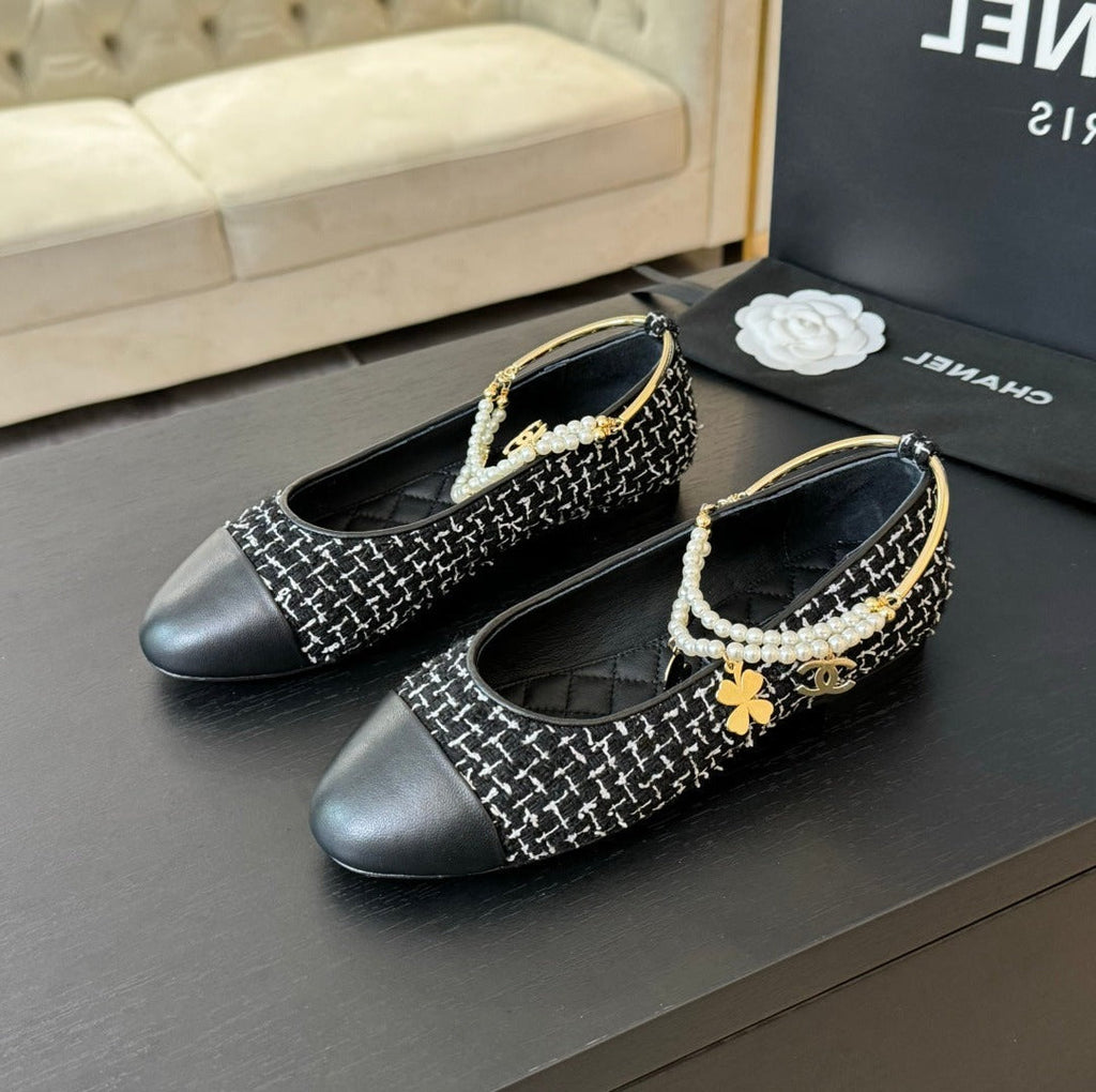 CHANEL Double Strap Chunky Heel Mary Jane Shoes Black/White Caro