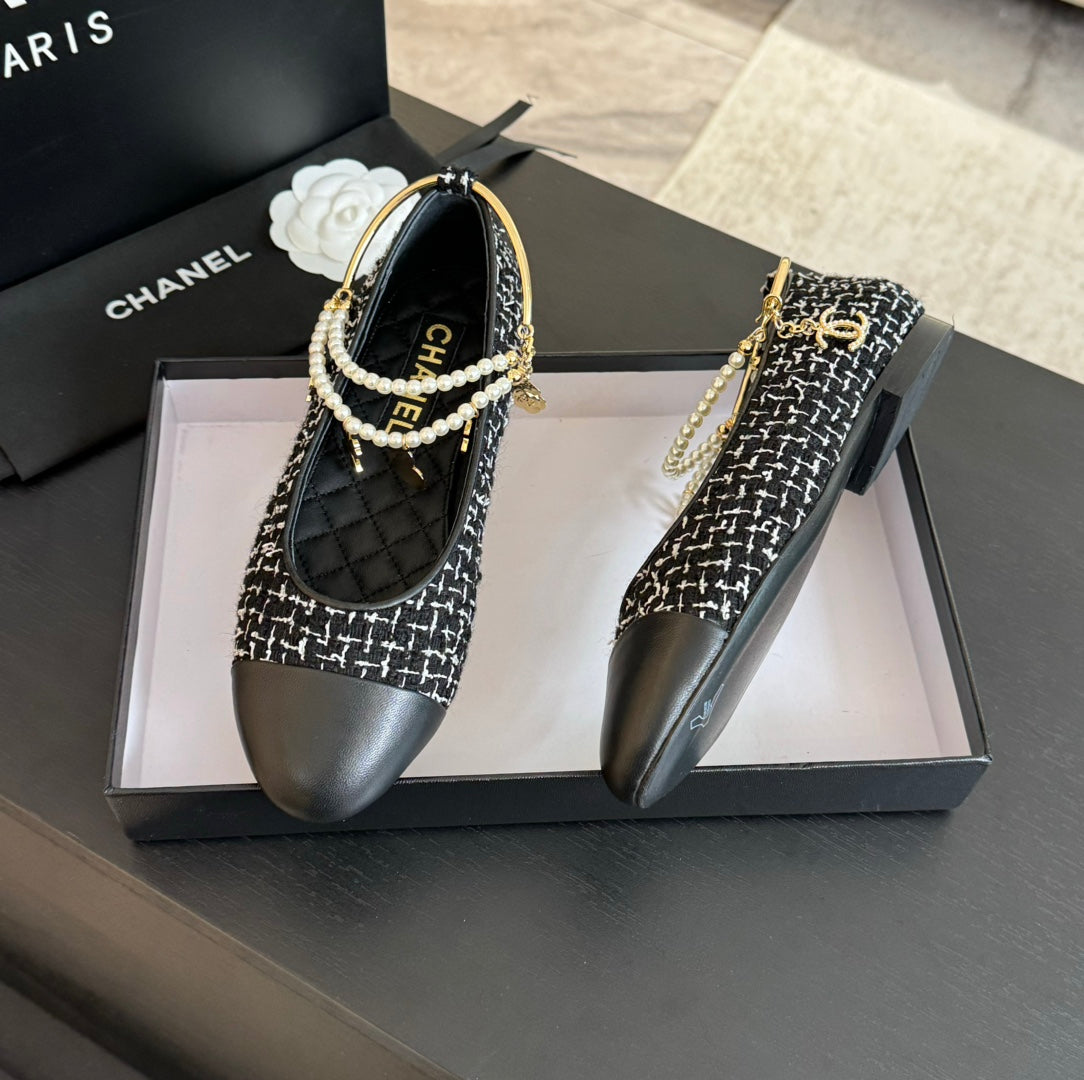 CHANEL Double Strap Chunky Heel Mary Jane Shoes Black/White Caro