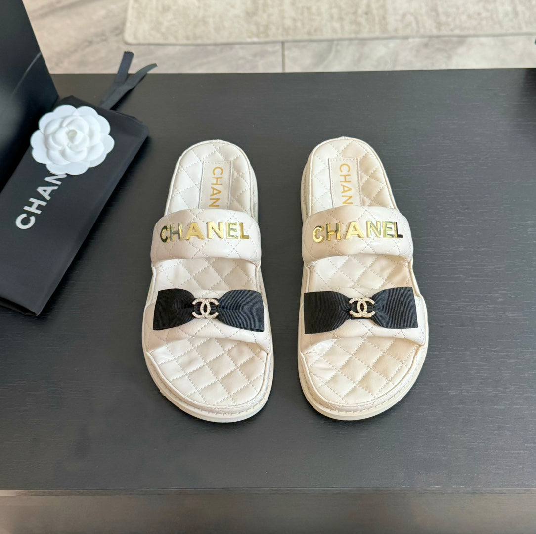 CHANEL Mule Sandals Lambskin White Black