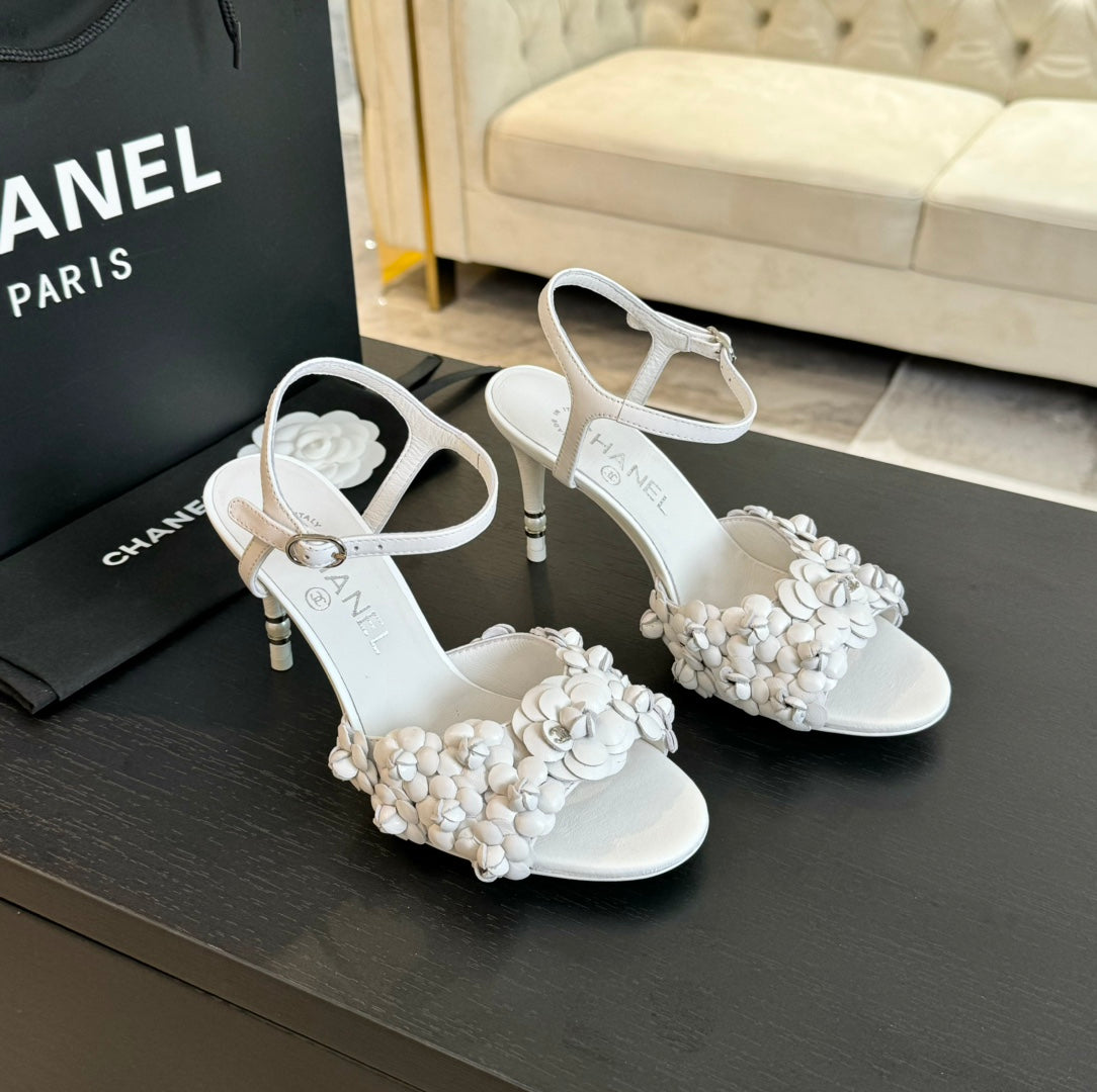 CHANEL Little Camellia World Thin High Sandals White Lambskin