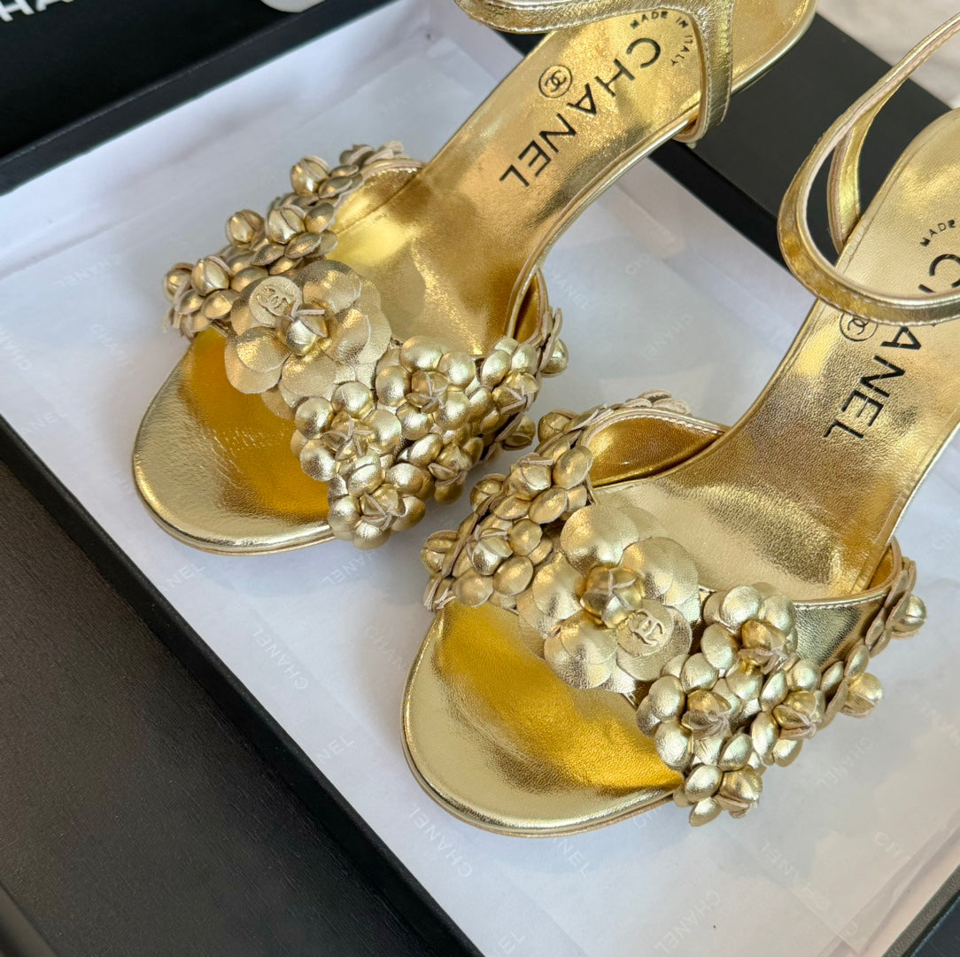 CHANEL Little Camellia World Thin High Sandals Gold Lambskin