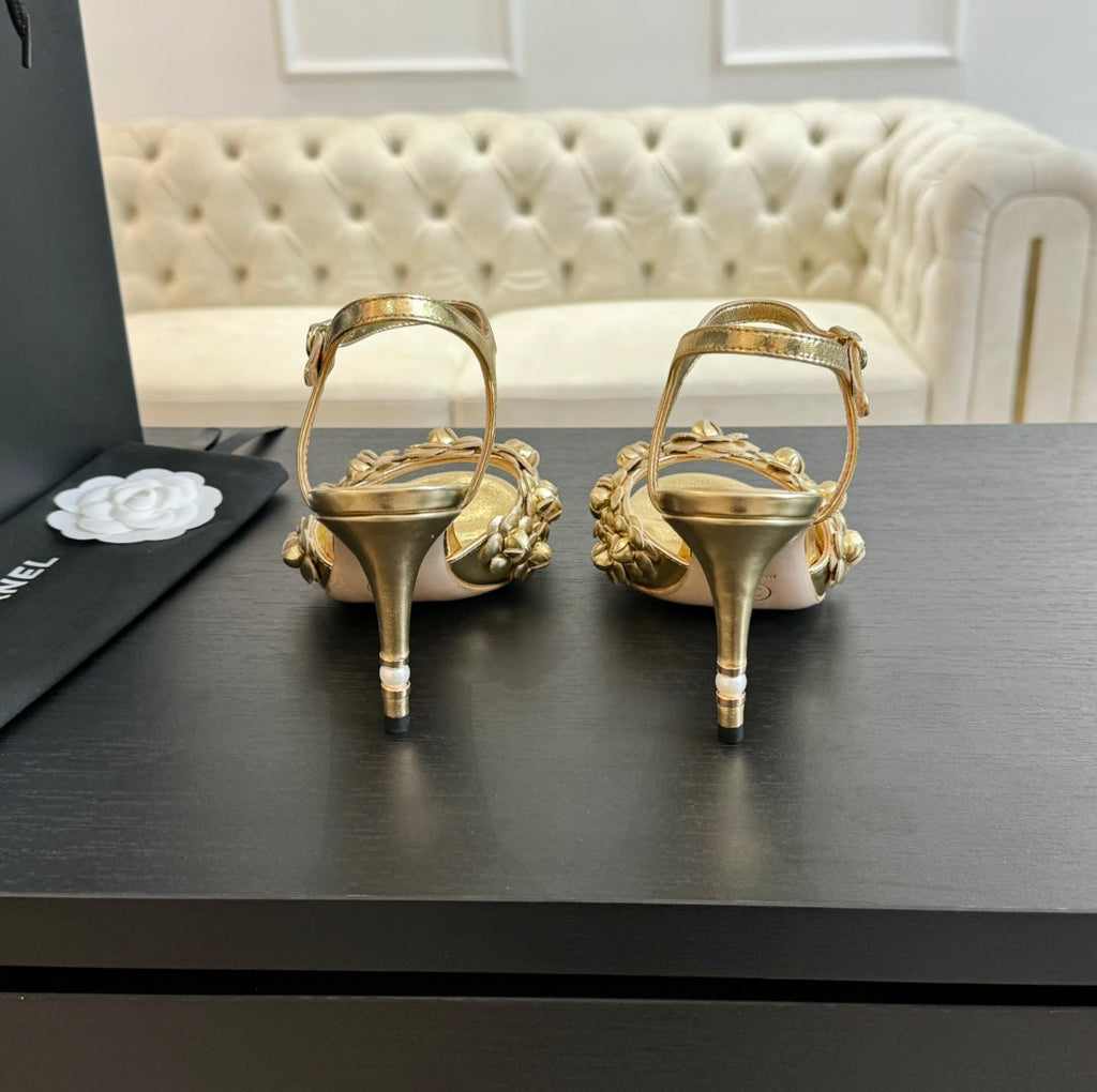 CHANEL Little Camellia World Thin High Sandals Gold Lambskin