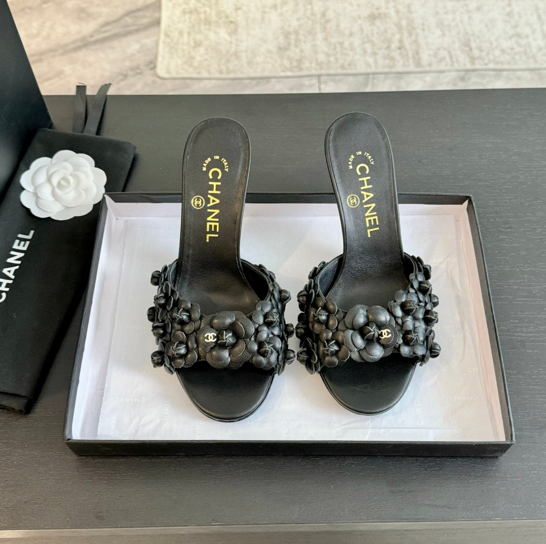 CHANEL Little Camellia World Thin High Heels Black Lambskin
