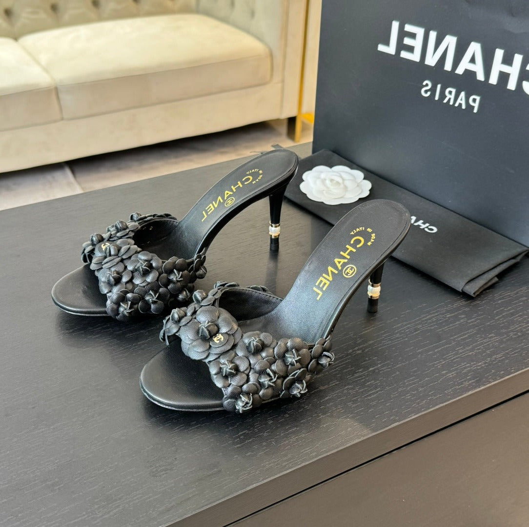 CHANEL Little Camellia World Thin High Heels Black Lambskin
