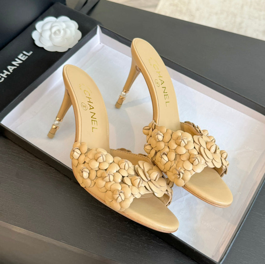 CHANEL Little Camellia World Thin High Heels Tan Brown Lambskin