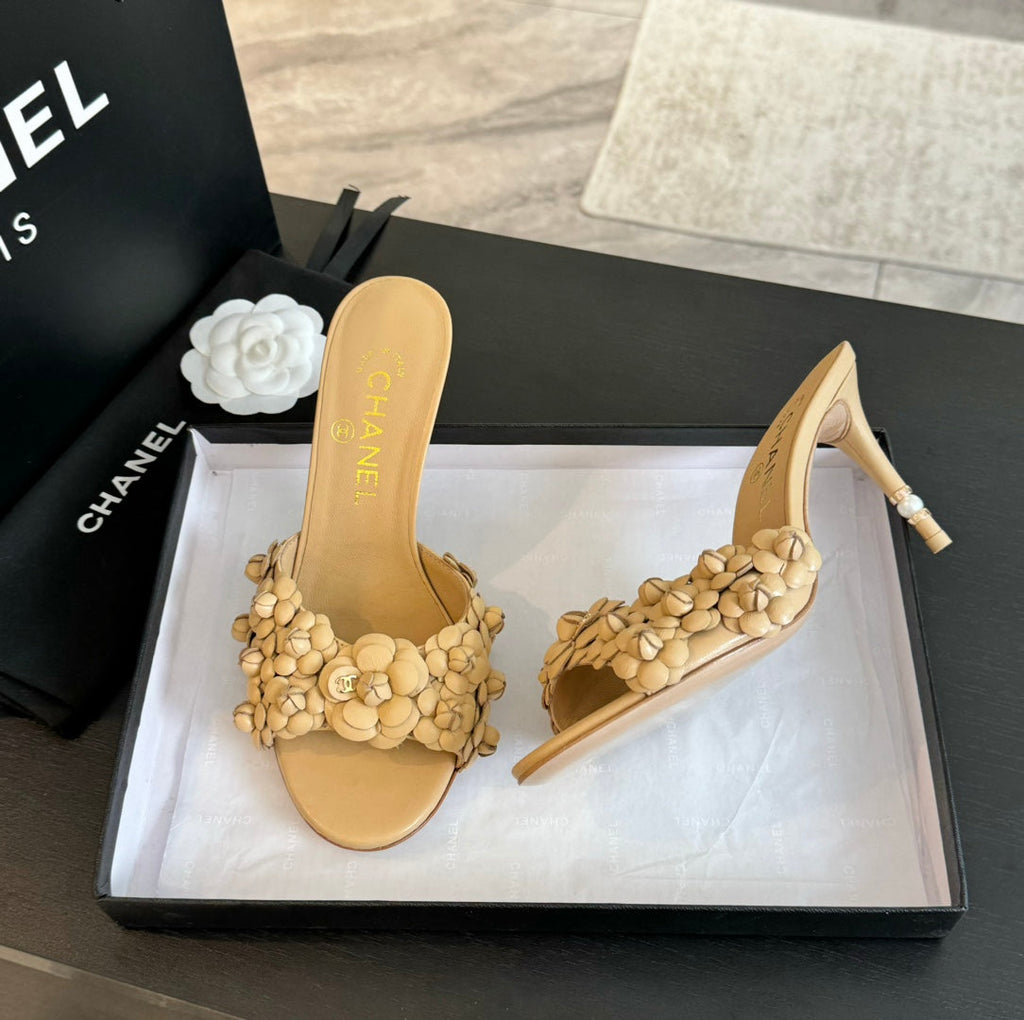 CHANEL Little Camellia World Thin High Heels Tan Brown Lambskin