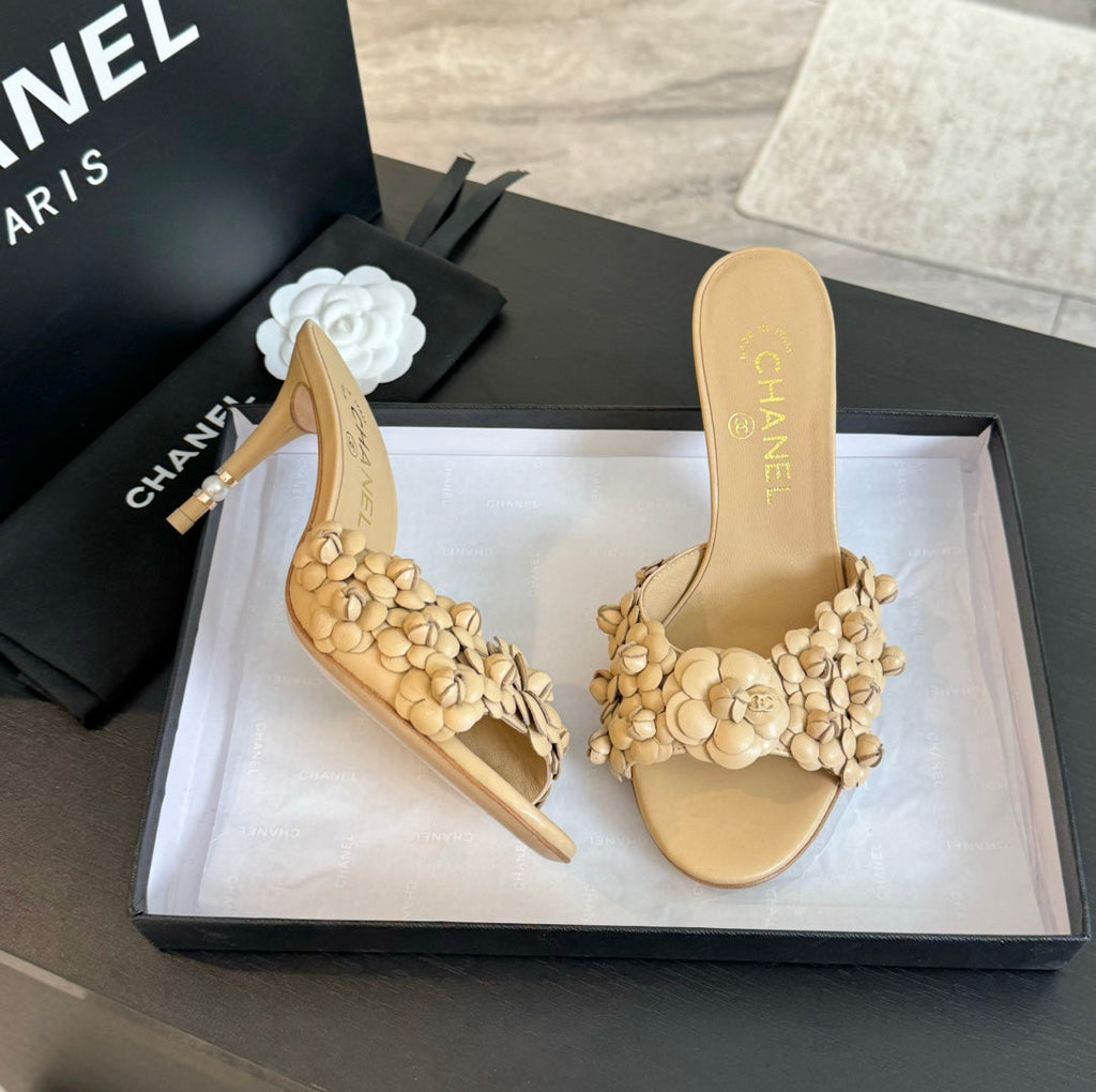 CHANEL Little Camellia World Thin High Heels Tan Brown Lambskin