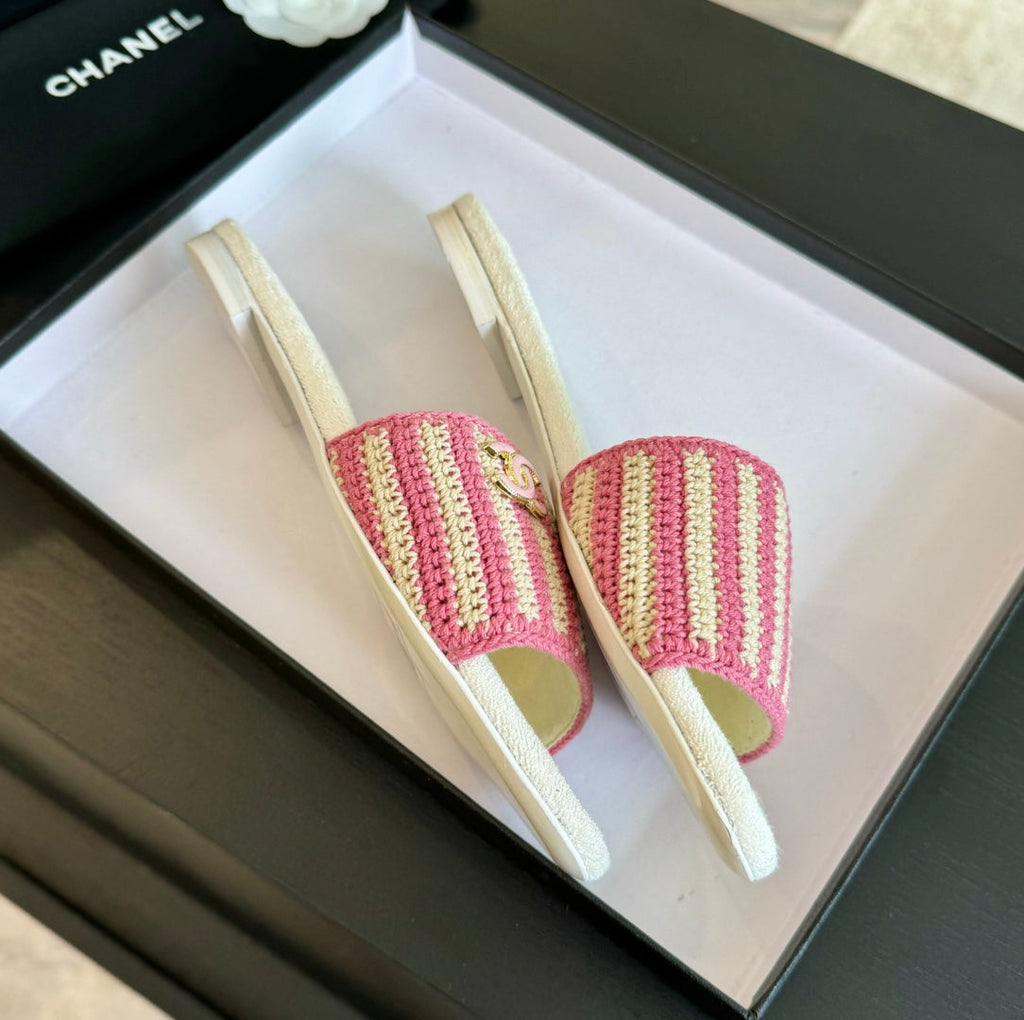 CHANEL Double C Sheepskins Knit Slippers White Pink