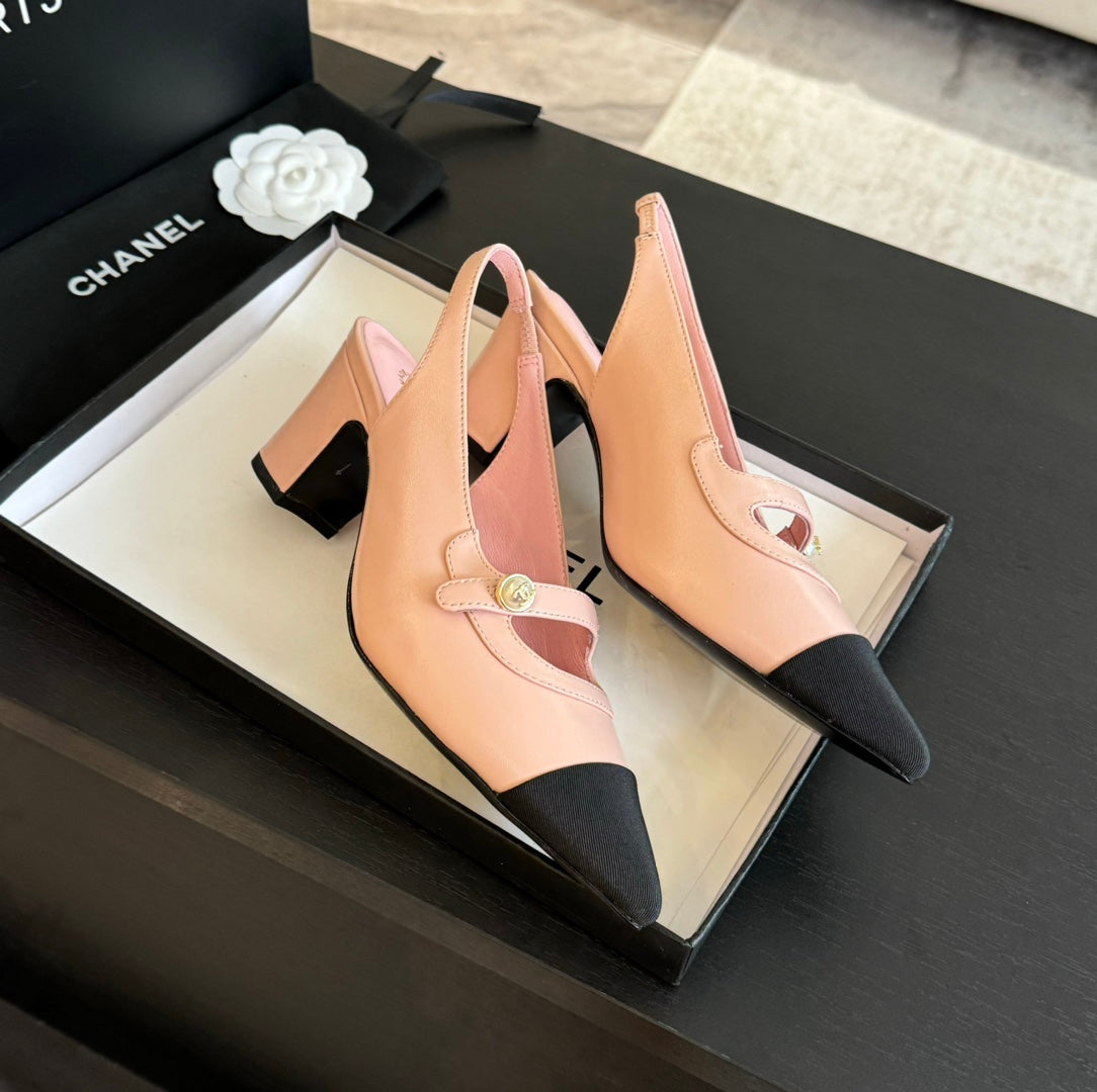 CHANEL Double C WOMEN'S Slingback SPIRIT TOE Light Pink Lambskin