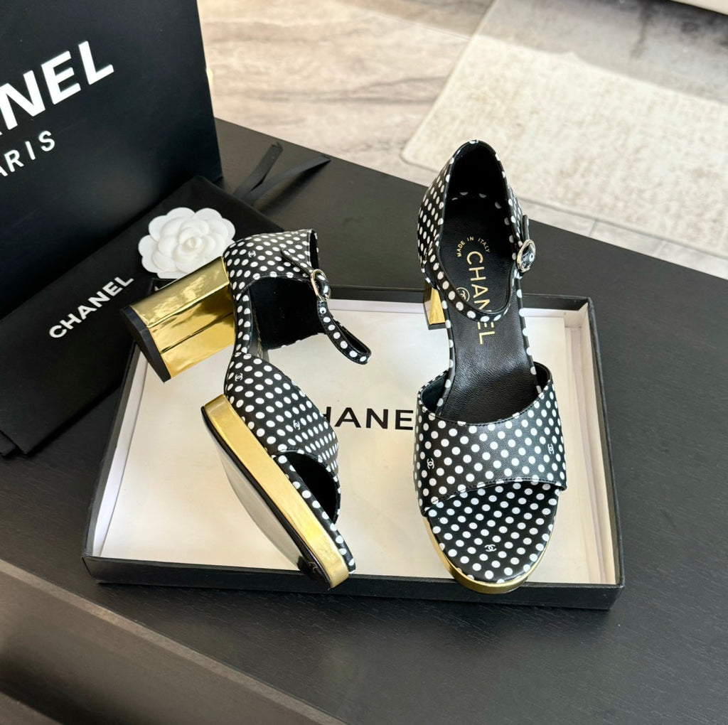 CHANEL Platform Peep-Toe Sandals Black/White Caro Lambskin