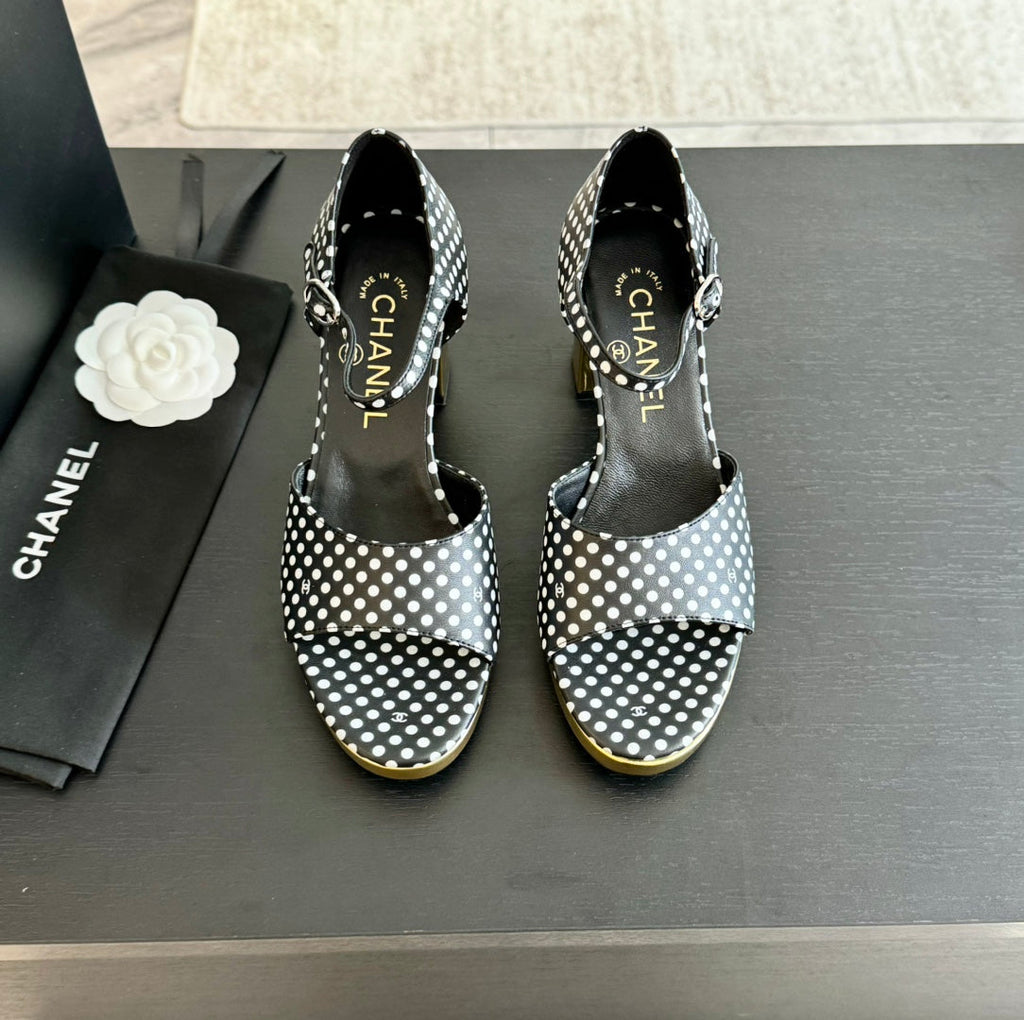 CHANEL Platform Peep-Toe Sandals Black/White Caro Lambskin