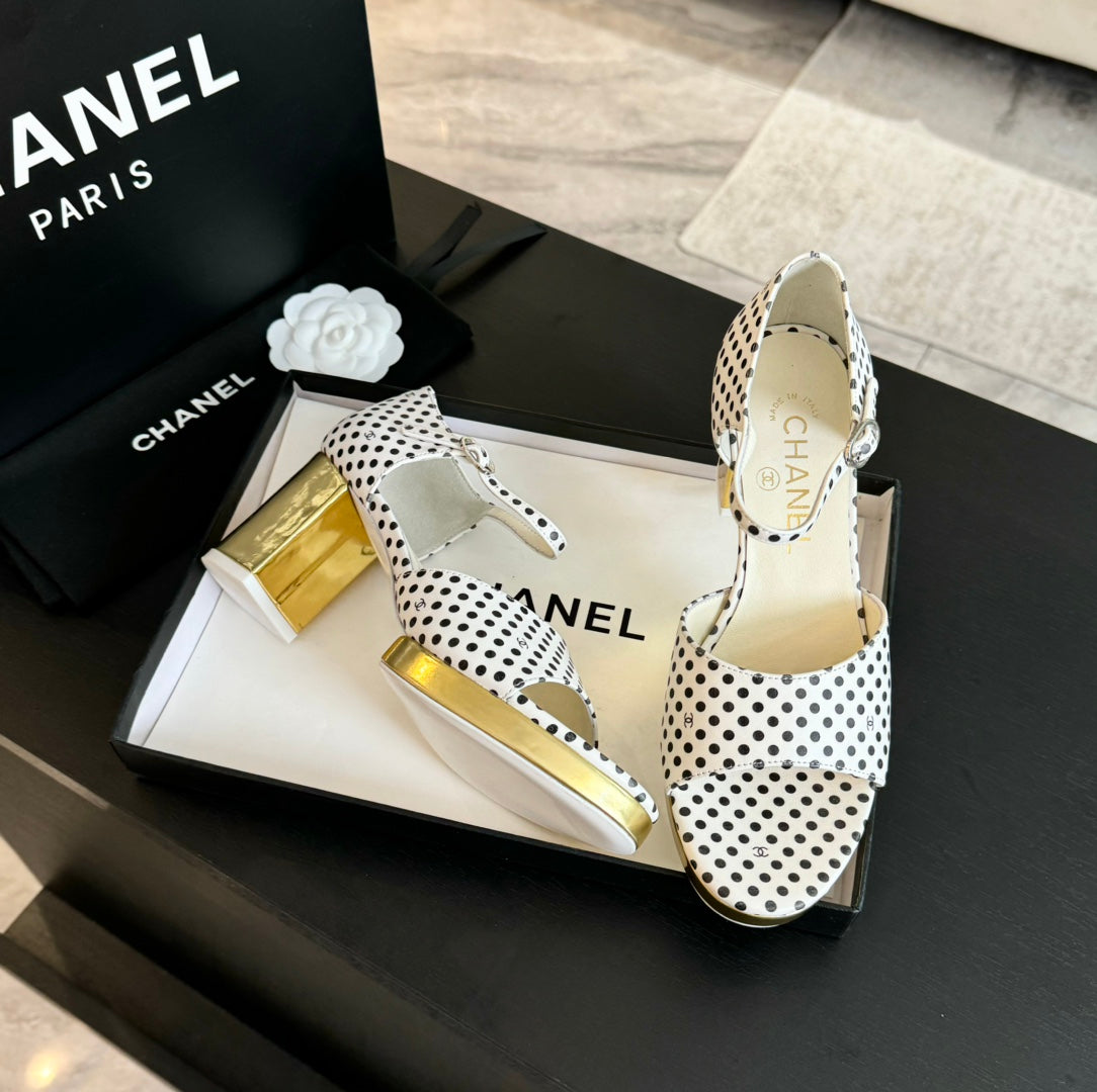 CHANEL Platform Peep-Toe Sandals White/Black Caro Lambskin