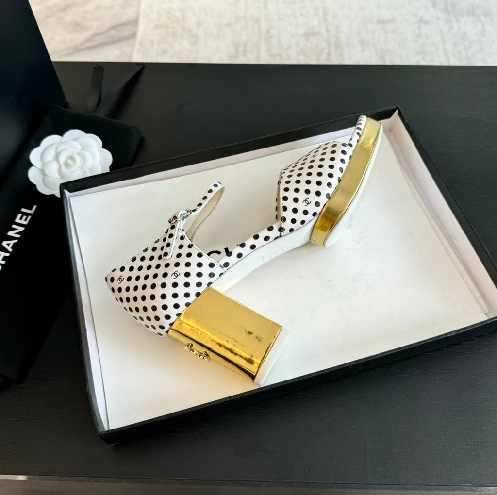 CHANEL Platform Peep-Toe Sandals White/Black Caro Lambskin