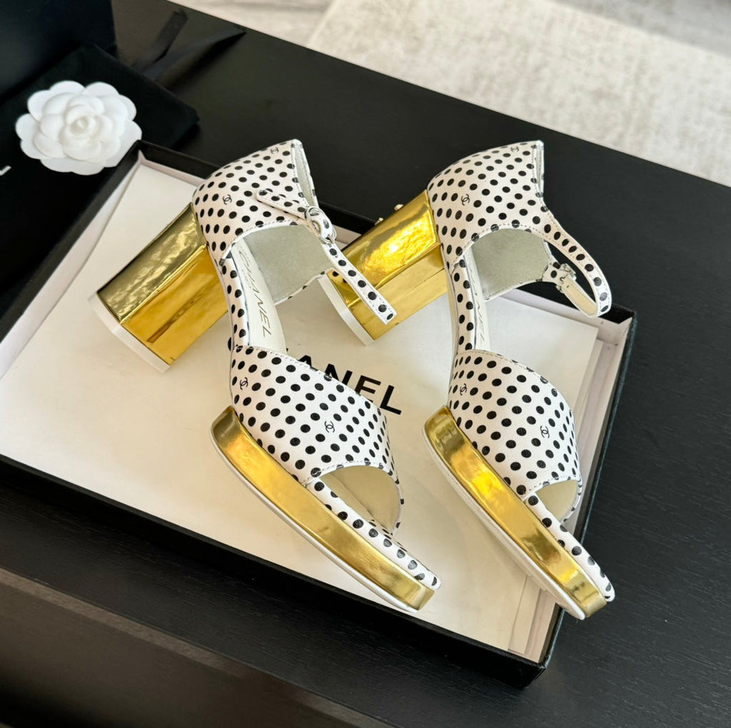 CHANEL Platform Peep-Toe Sandals White/Black Caro Lambskin