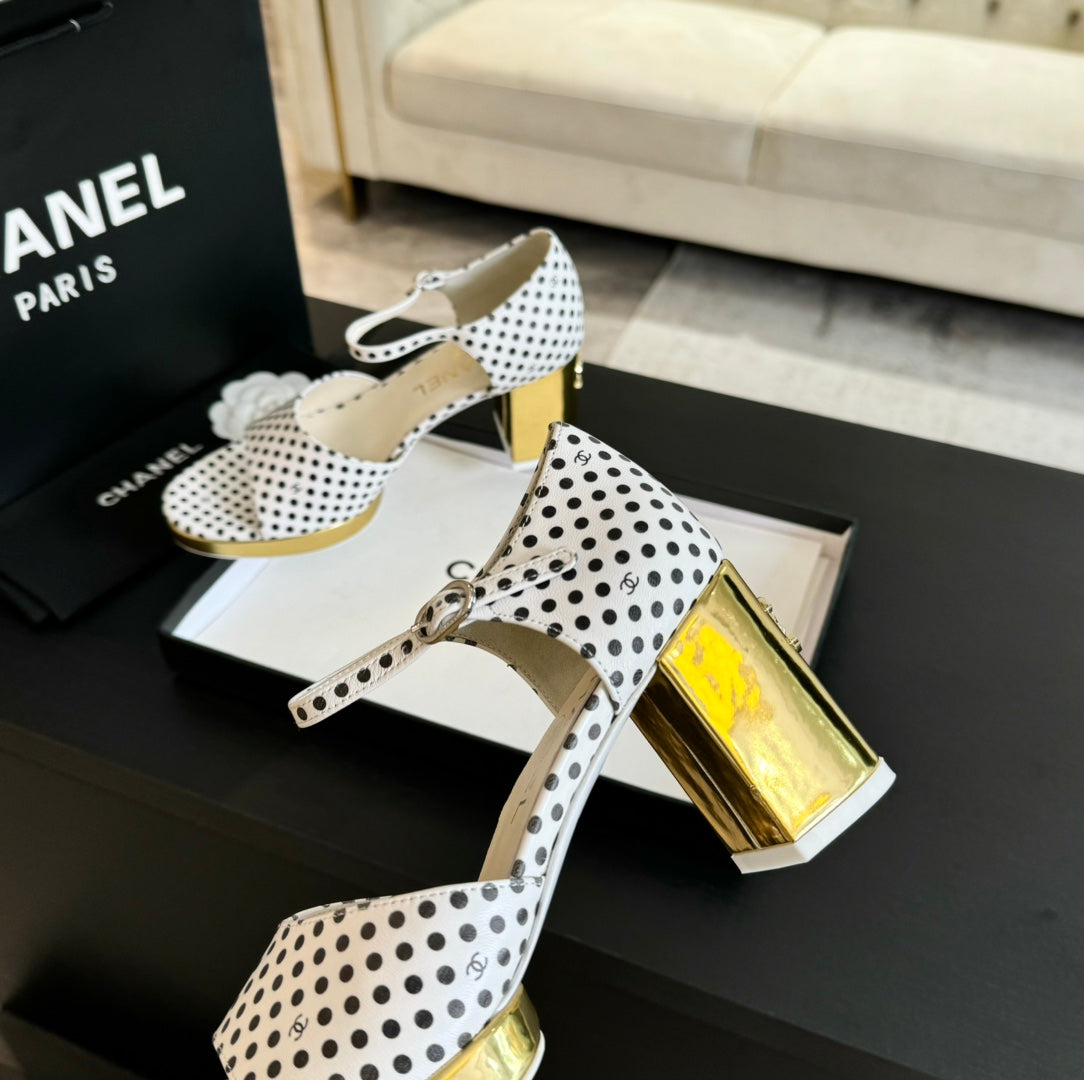 CHANEL Platform Peep-Toe Sandals White/Black Caro Lambskin