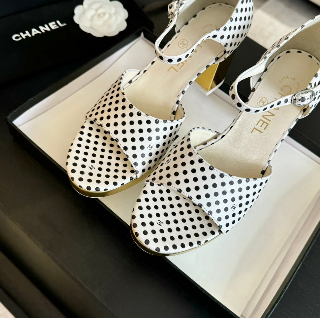 CHANEL Platform Peep-Toe Sandals White/Black Caro Lambskin