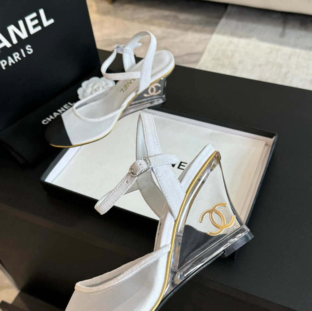 CHANEL Waterproof Platform High Heels Transparent Heel Mesh White