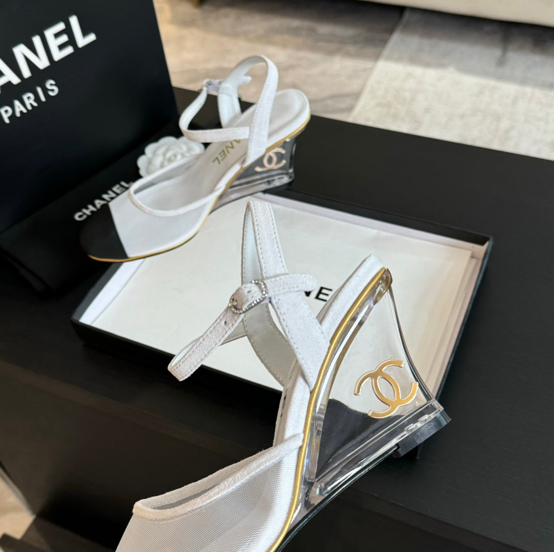 CHANEL Waterproof Platform High Heels Transparent Heel Mesh White