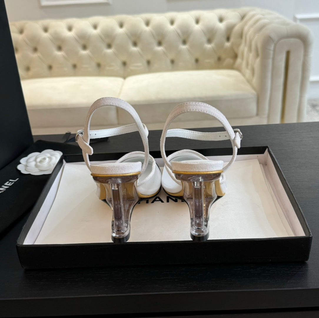 CHANEL Waterproof Platform High Heels Transparent Heel Mesh White