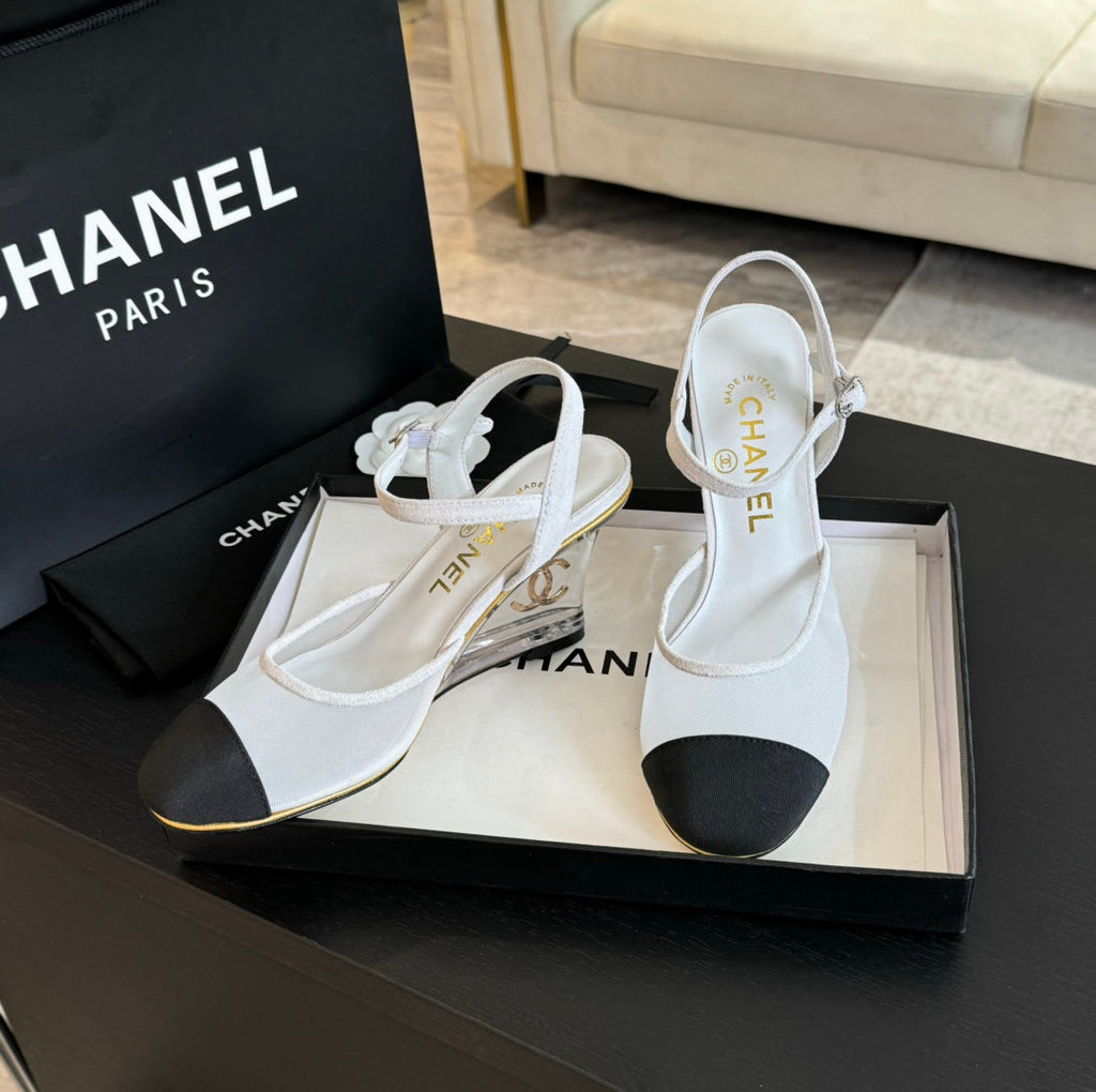 CHANEL Waterproof Platform High Heels Transparent Heel Mesh White