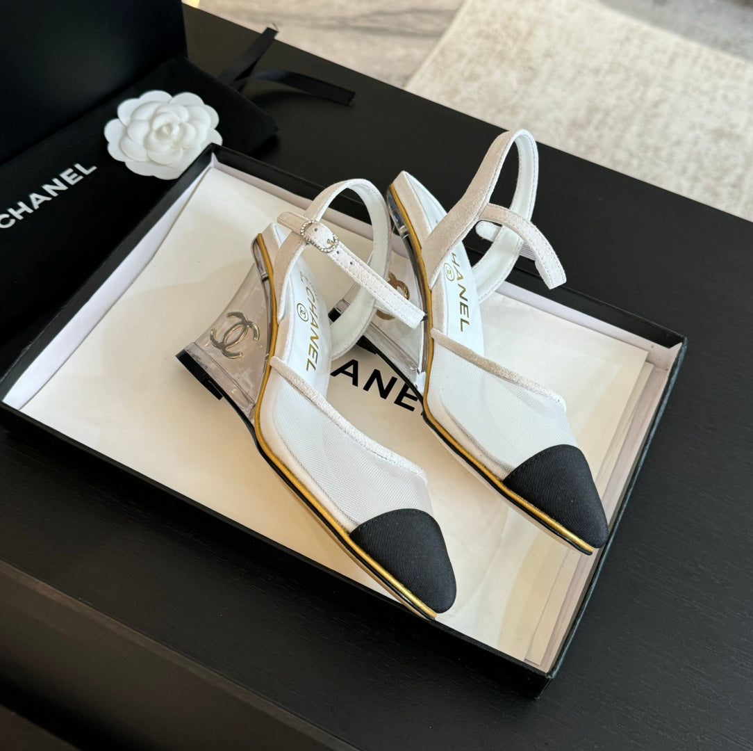CHANEL Waterproof Platform High Heels Transparent Heel Mesh White